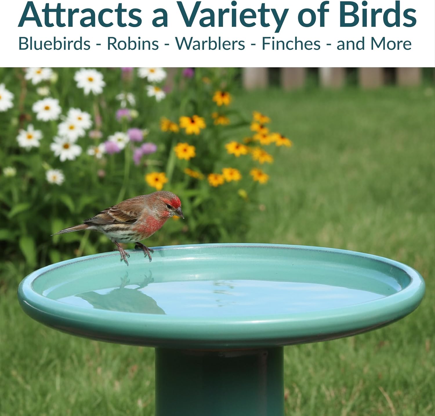 Sunnydaze Hand-Painted Ceramic Outdoor Bird Bath for Garden, 21” H, Seafoam