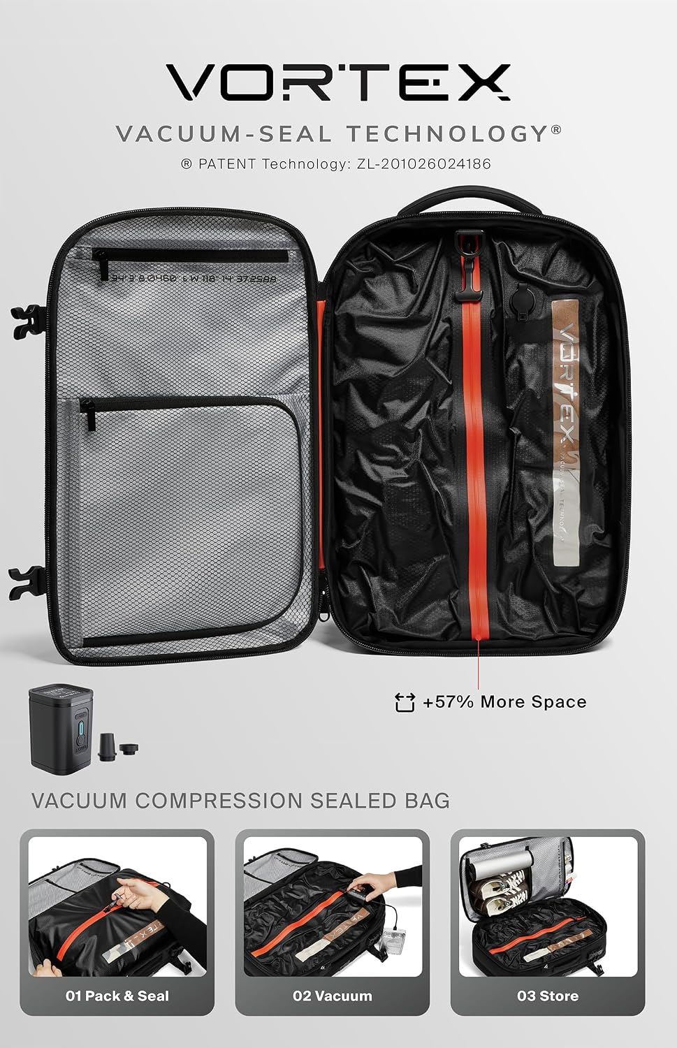 Black Voyage Vortex Vacuum Seal Travel Backpack 60L Expandable Air Compression System Water Resistant TSA Lock Carry-On Suitcase Luggage Black