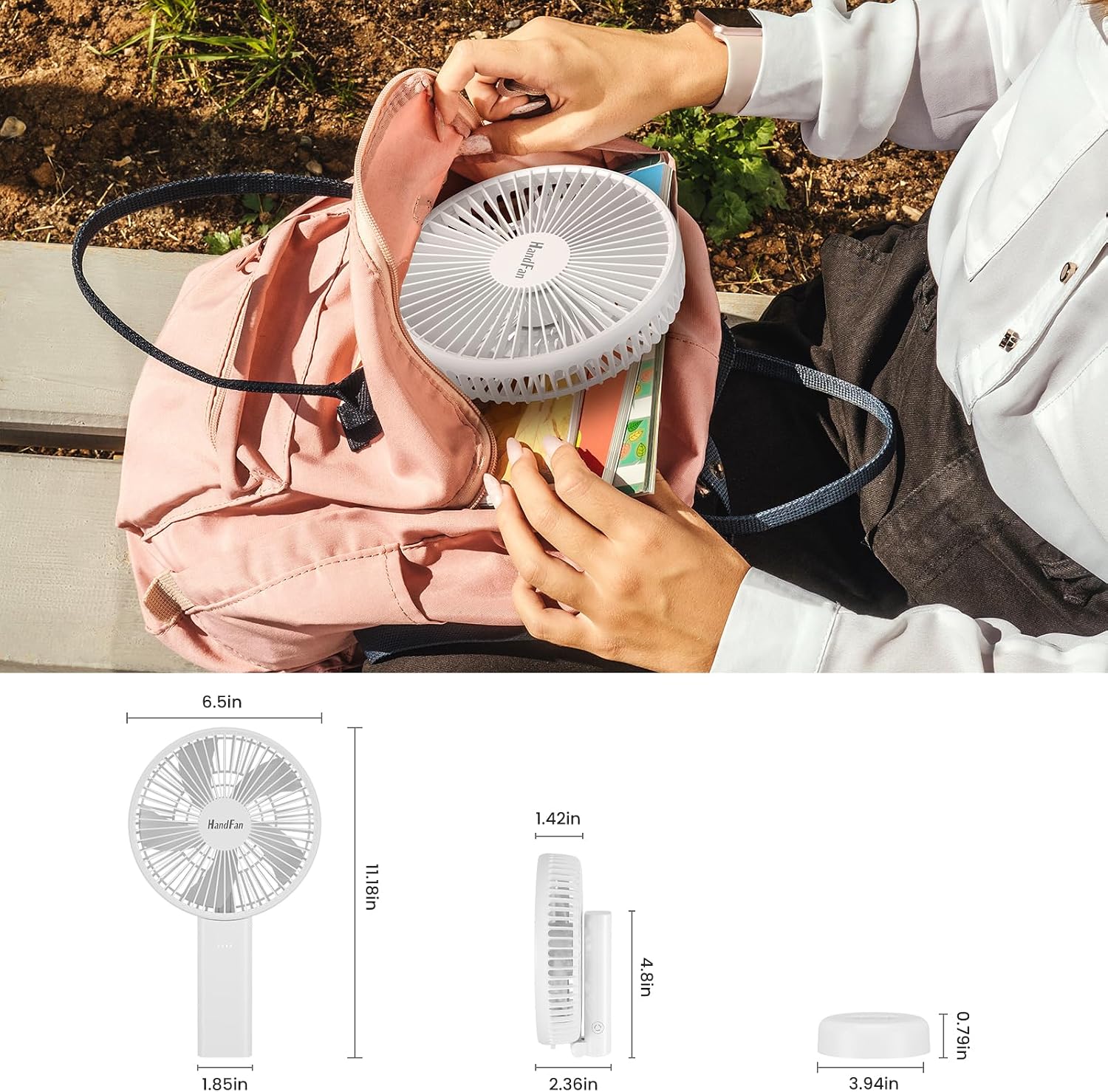 HandFan Quiet 6 Inch Handheld Fan [34H Max Cooling Time], 6 Speed Rechargeable Personal fan and Desktop with Base