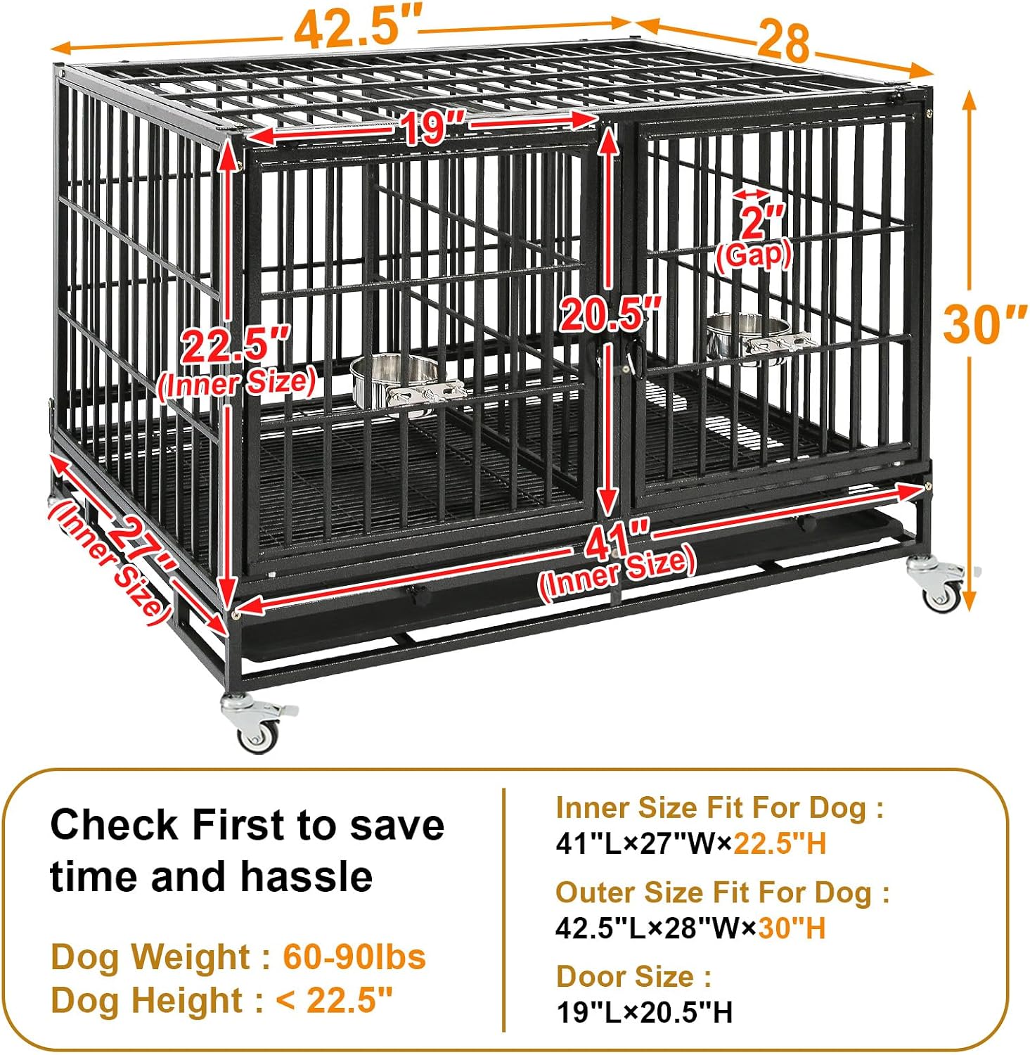 Homey Pet Three Tiers 43 inch Heavy Duty Dog Crate with Wheels, Dual Doors | Stackable Indestructible Steel Dog Cage Kennel Indoor with Divider, Trays, Bowls, Escape Proof Locks for Breeders and More