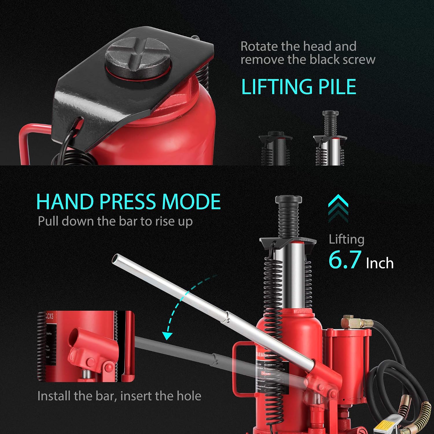 SPECSTAR Pneumatic Air Hydraulic Bottle Jack with Manual Hand Pump 20 Ton
