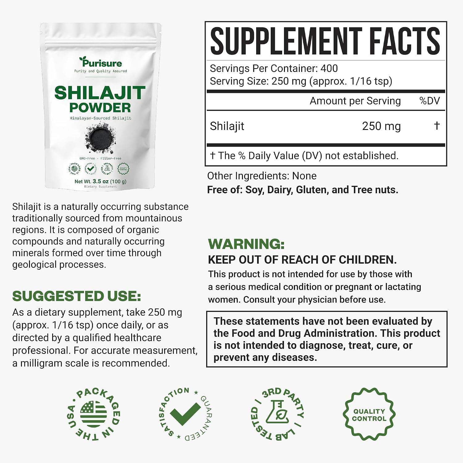 Purisure Shilajit Supplement Powder, 100g, Pure Himalayan Mineral with Fulvic Acid Powder, 12:1 Pure Fulvic Minerals Compound for Energy Supplement