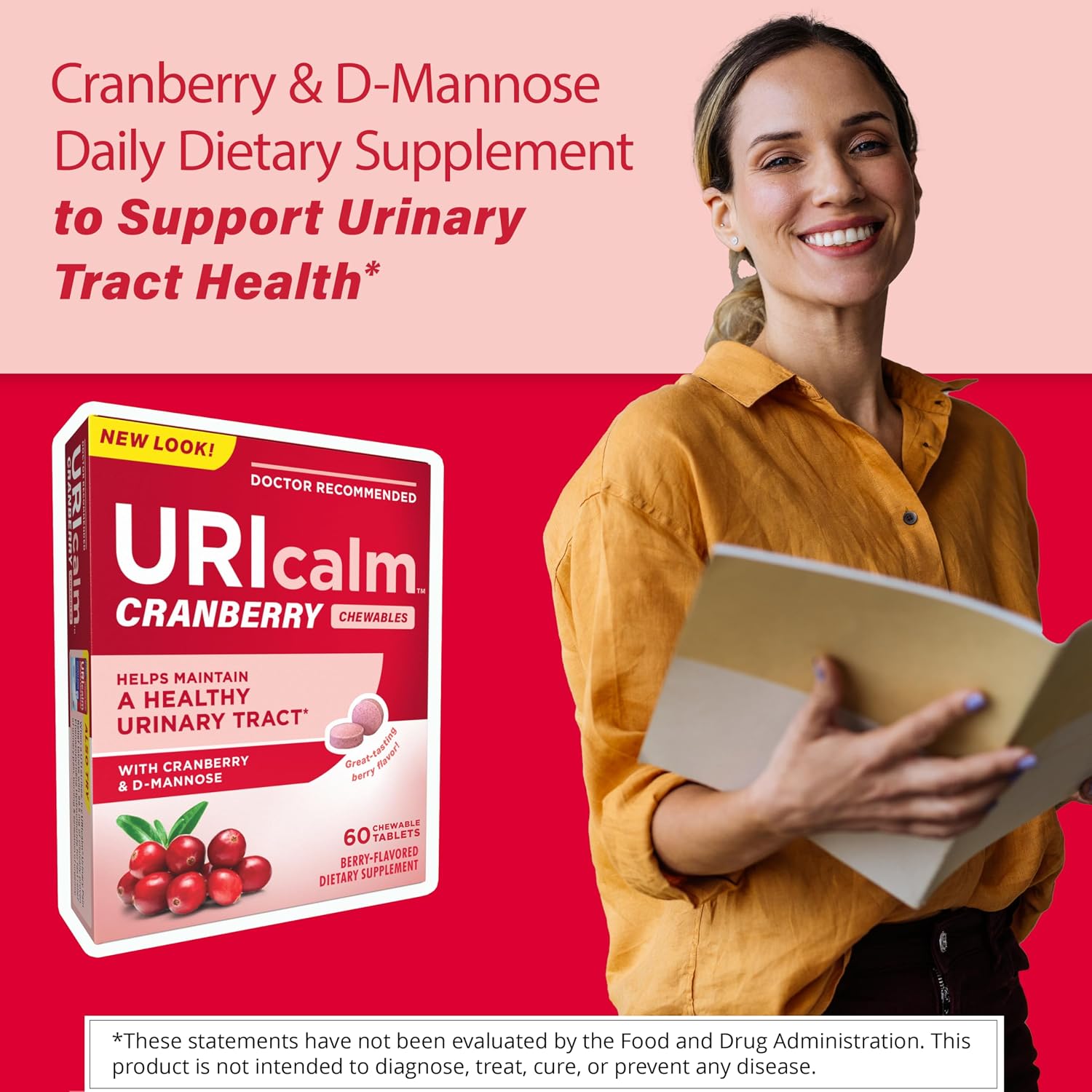 Uricalm Cranberry Dietary Supplement Chewable with D-Mannose, 60 Count | Powerful combination of cranberry and D-Mannose to help maintain a healthy urinary tract*.