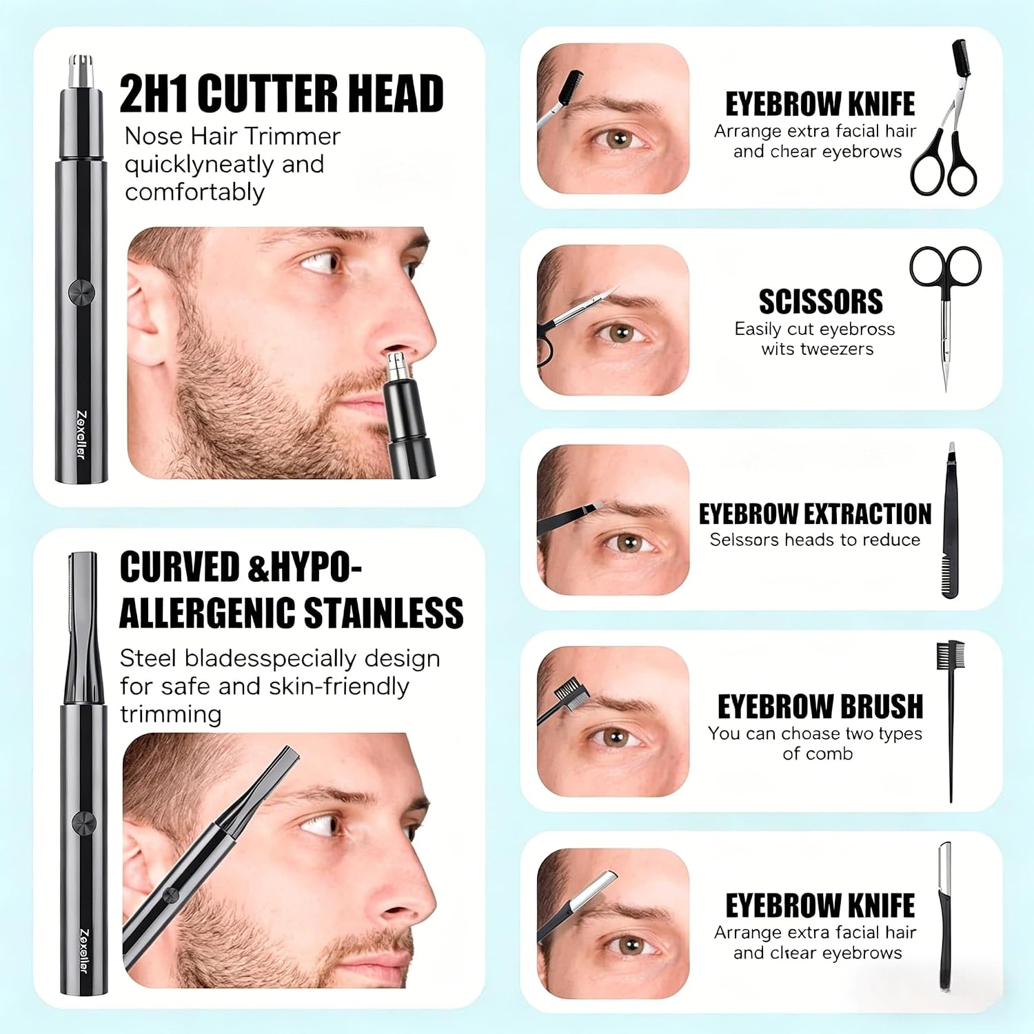 Electric Nose Hair Trimmer Eyebrow Trimmer for Men Women, 7-in-1 Painless Facial Grooming Kit