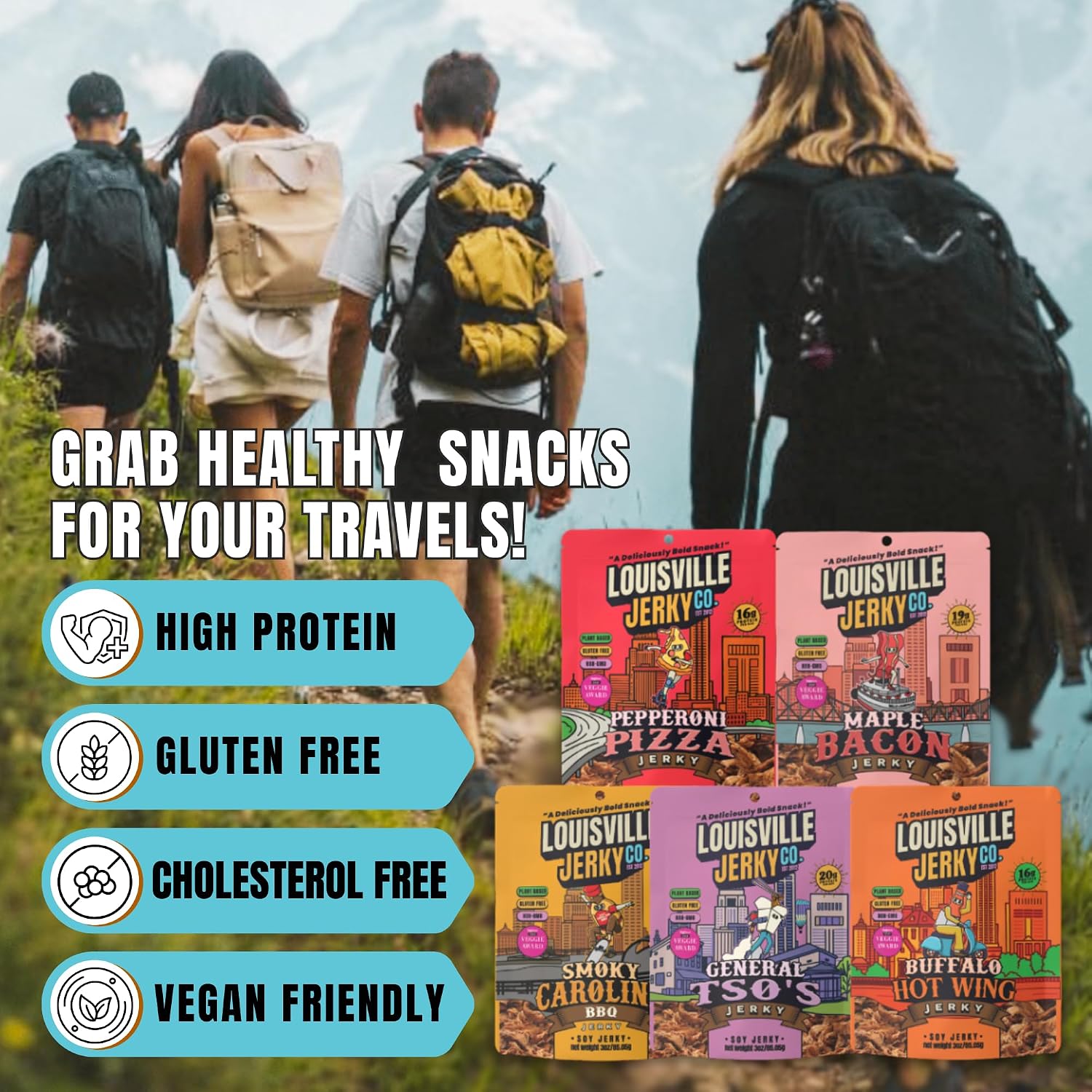Louisville Jerky Co. Traditional Vegan Jerky Pack, 3 oz, 5-Pack | Plant Based, High Protein Snack, Vegetarian Friendly, BBQ, Buffalo, Maple Bacon, Pepperoni Pizza, Black Pepper