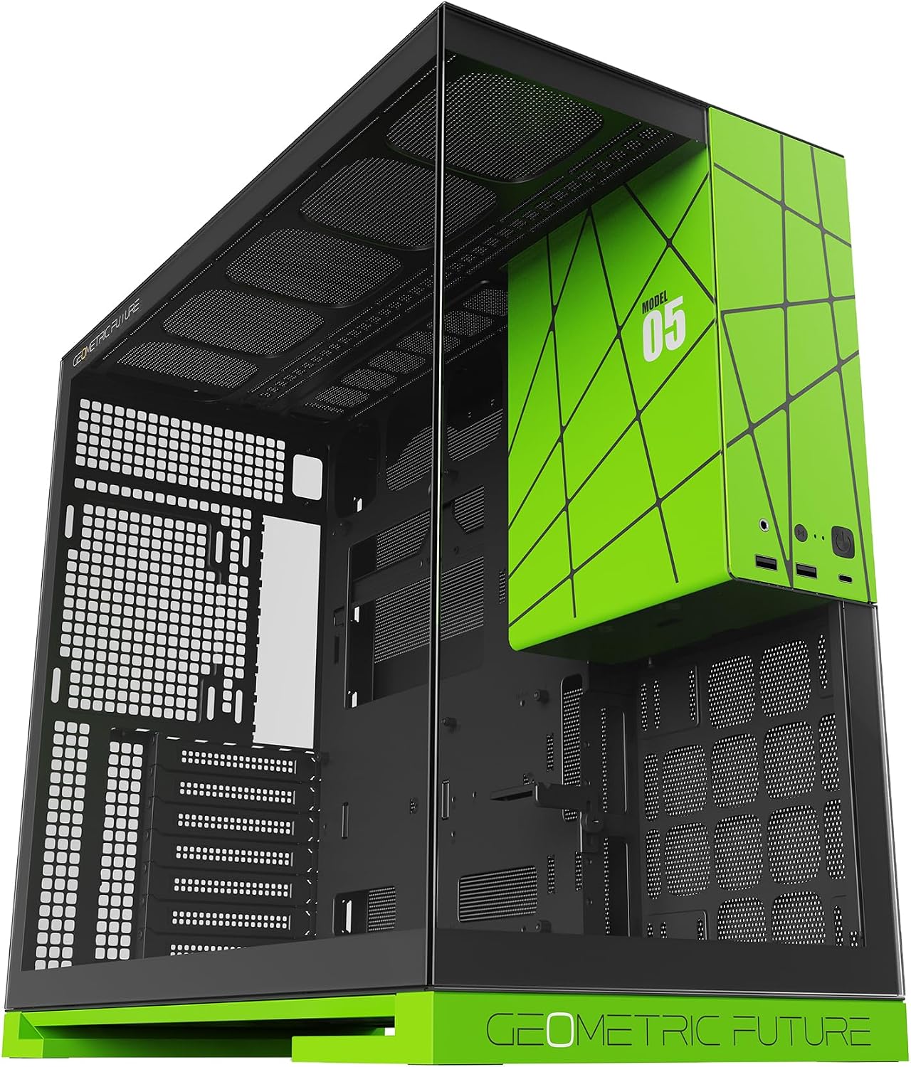 Geometric Future M5 Tempered Glass Mid Tower, E-ATX/ATX Gaming Case, 1.2mm Steel, Type C, Toolless Panels, Support 420/360 Radiator, ARGB PWM 140m Fan x 5 Pre-Installed, Black/Yellow, GEO-M5F-BY
