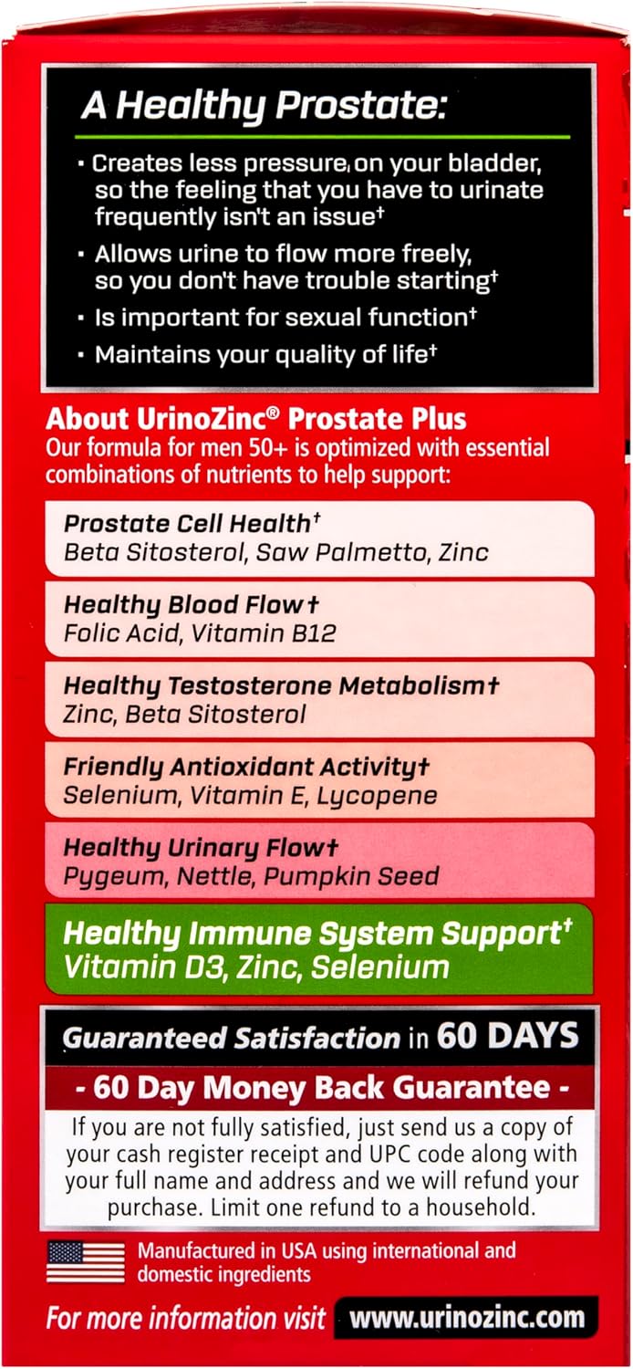 Urinozinc Prostate Plus, Saw Palmetto & Beta Sitosterol Supplement for Men, Reduce Frequent Urination (2 Month Supply, 120 Count)