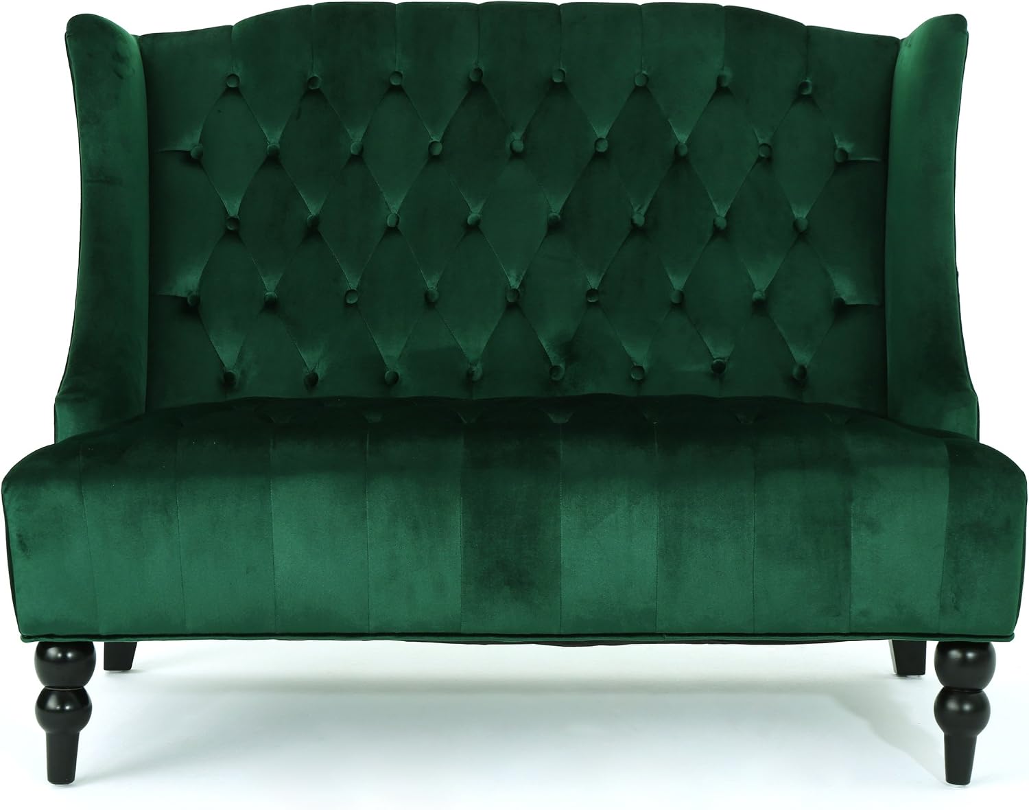 Christopher Knight Home Leora Modern Glam Tufted Velvet Wingback Loveseat, Emerald / Dark Brown