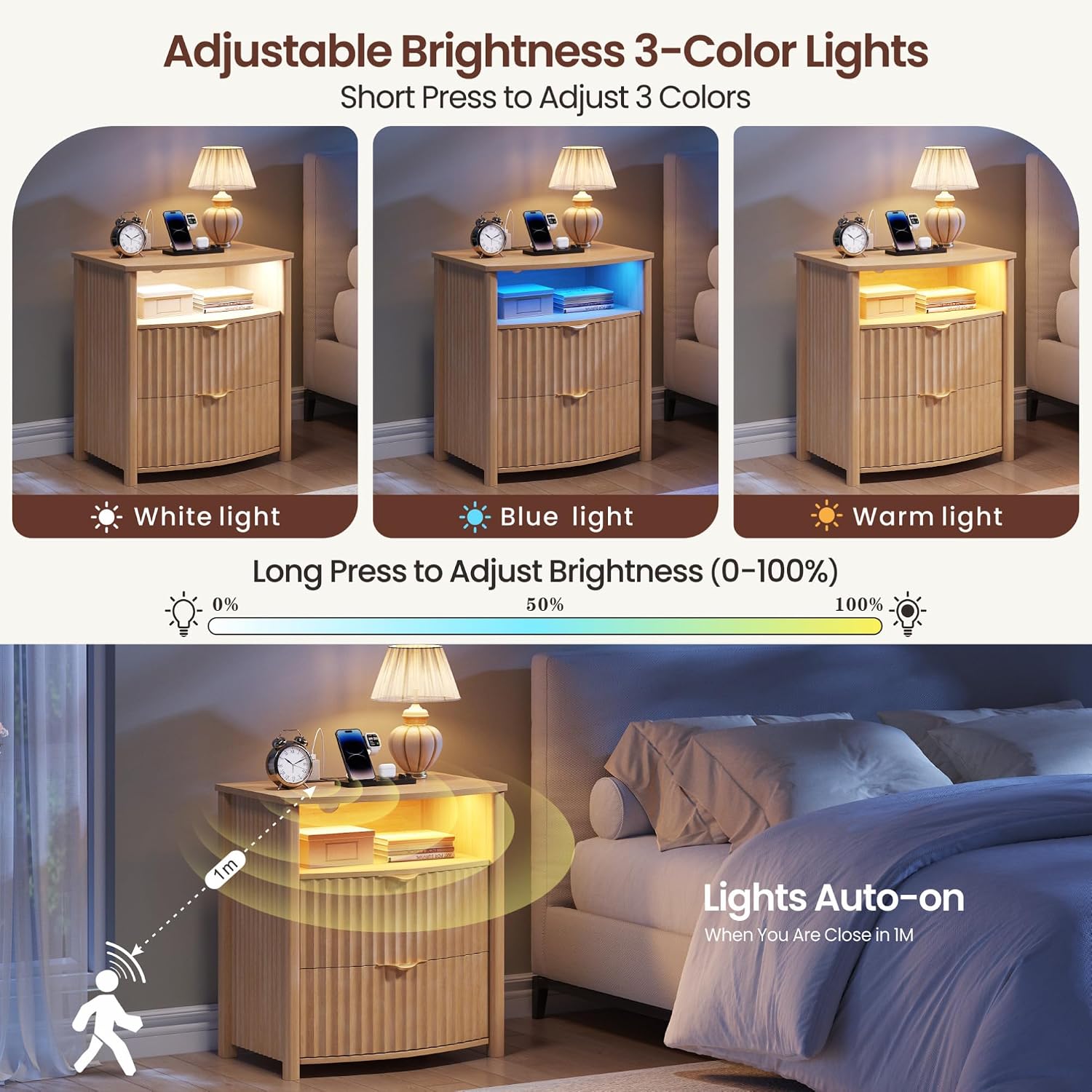 Dystler Fluted LED Night Stand with Hidden Gun Drawer & Charging | 19.7" W Curved Smart Bedside Table, 3-Color LED lights, 2 Drawers, Nightstand with Card-Lock, End Table for Bedroom, Walnut