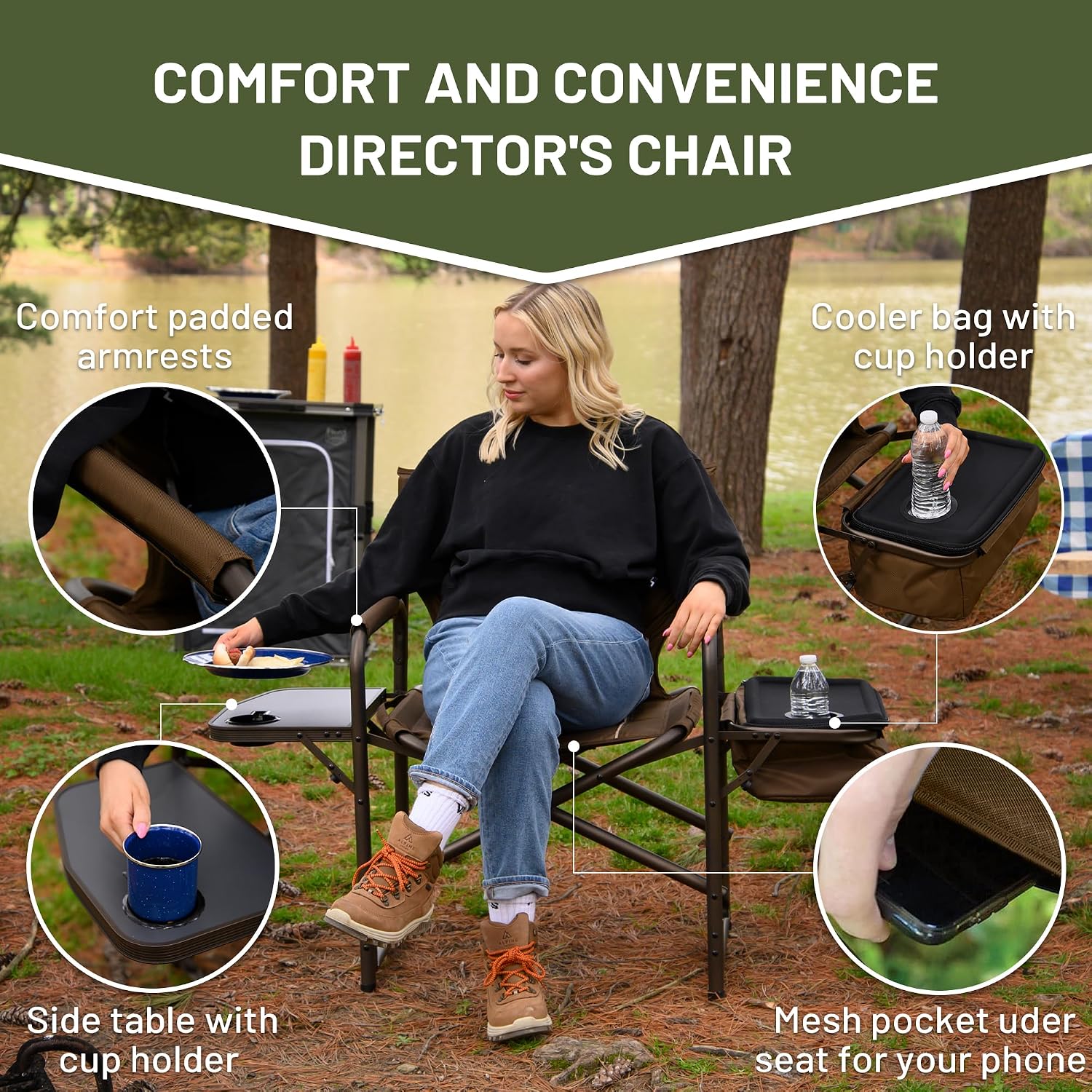 TIMBER RIDGE Lightweight Camping Chair, Portable Laurel Director's Chair with Foldable Side Table, Cooler Bag & Mesh Pocket, Compact Outdoor Folding Lawn Chair, Supports 300lbs, Grey