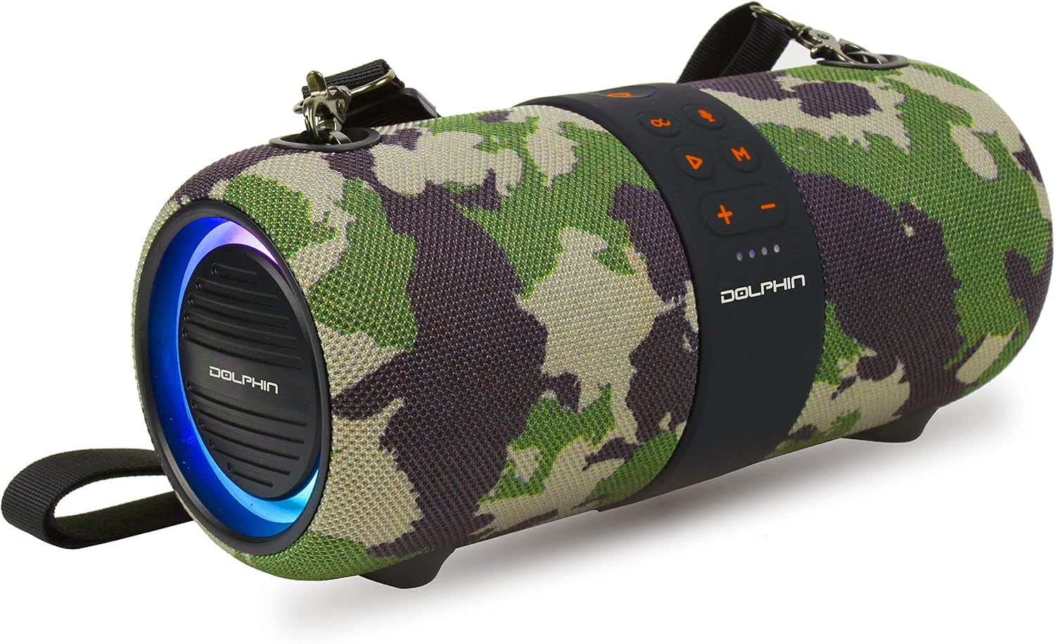 Dolphin Portable Waterproof Bluetooth Speaker, Dual 3" Woofer Boombox, Camo | TWS Technology, Color-Changing Lights, USB/TF/FM/AUX