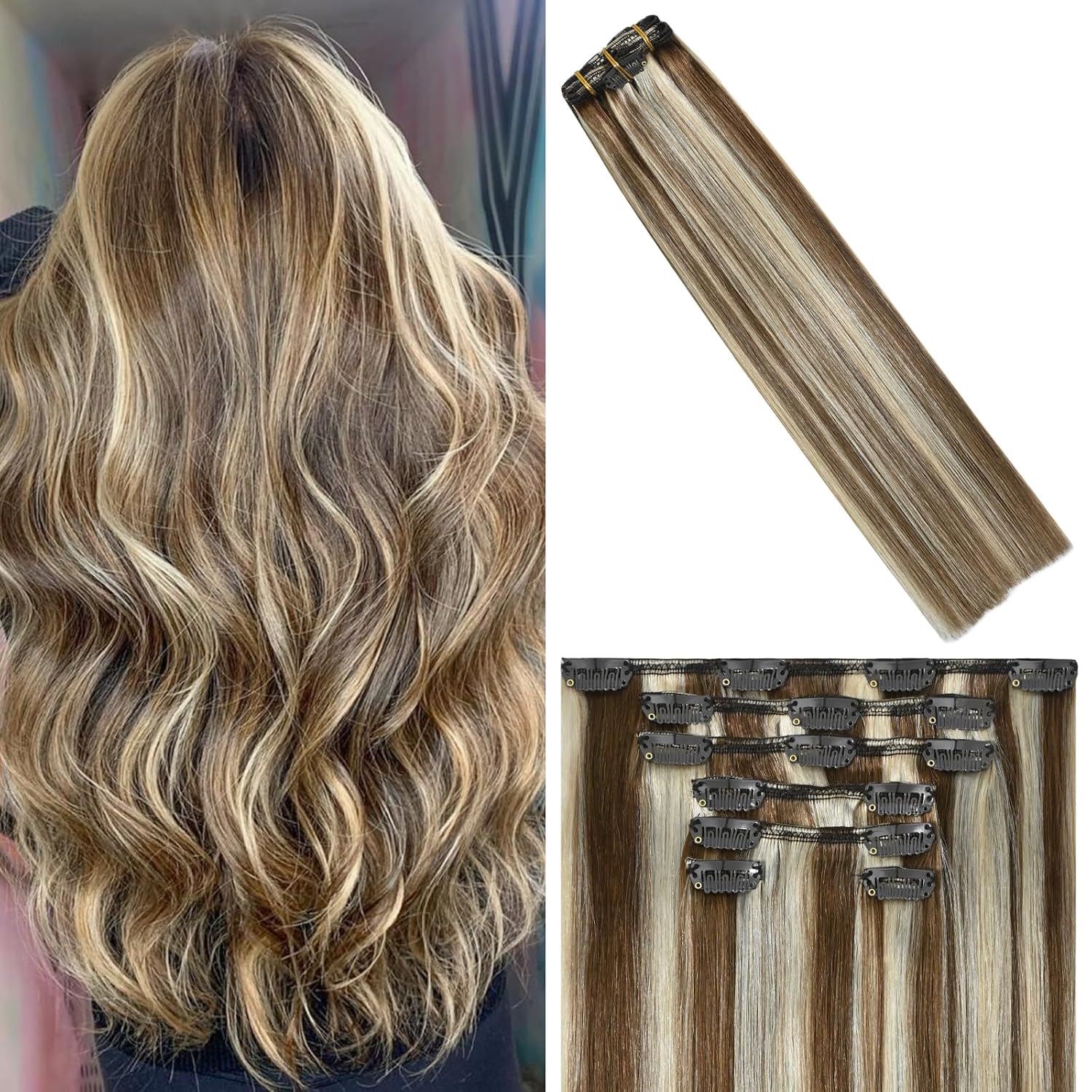 WindTouch Clip In Hair Extensions Human Hair Mixed Bleach Blonde 18Inch 75g Hair Extensions for Women Remy Blonde Extensions Clip in #18p613 7PCS