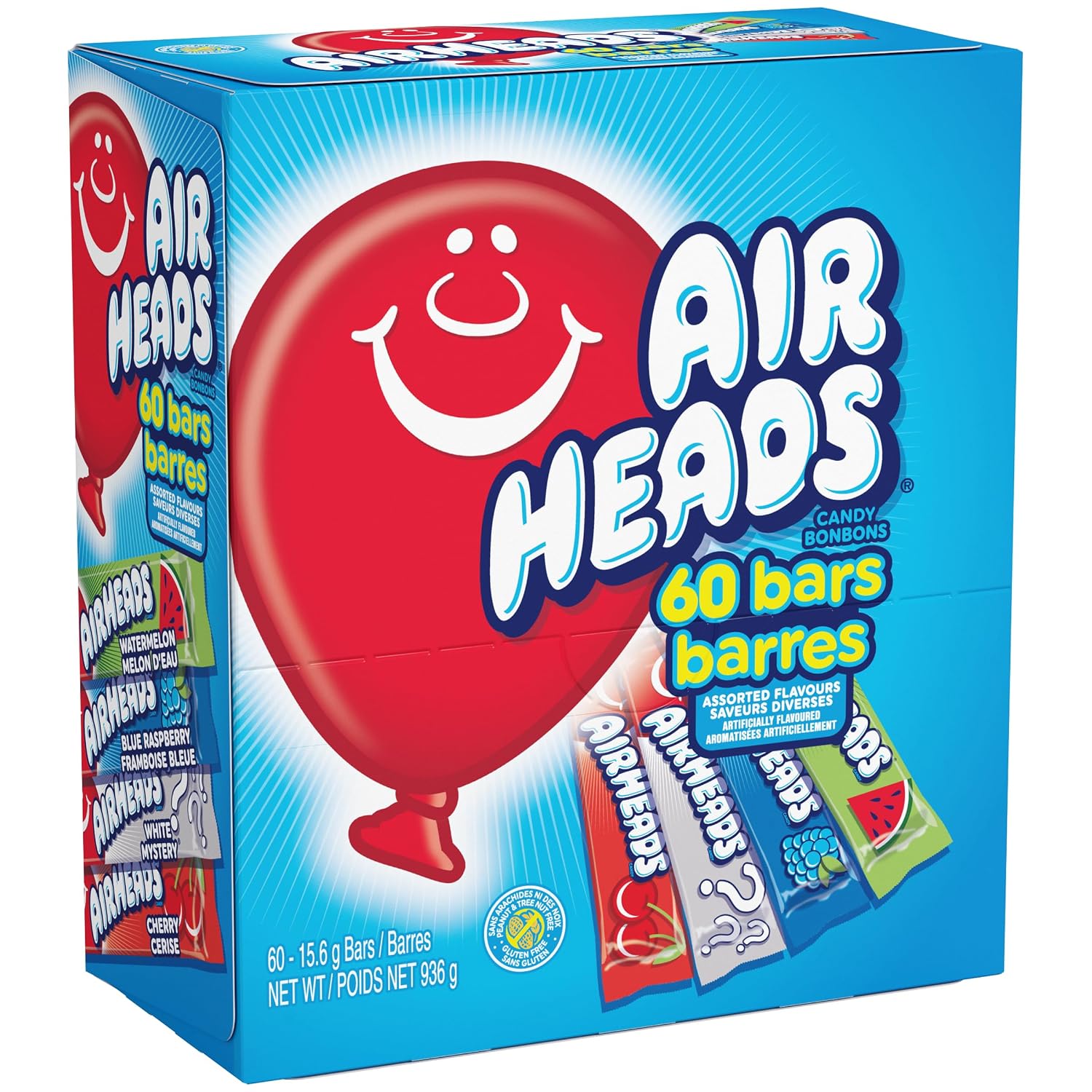 Airheads Full-Size Candy Bars, Assorted Taffy Variety Pack, 60 Count Box | Individually Wrapped Bulk Candy, Six Assorted Fruit Flavors, Artificially Flavored