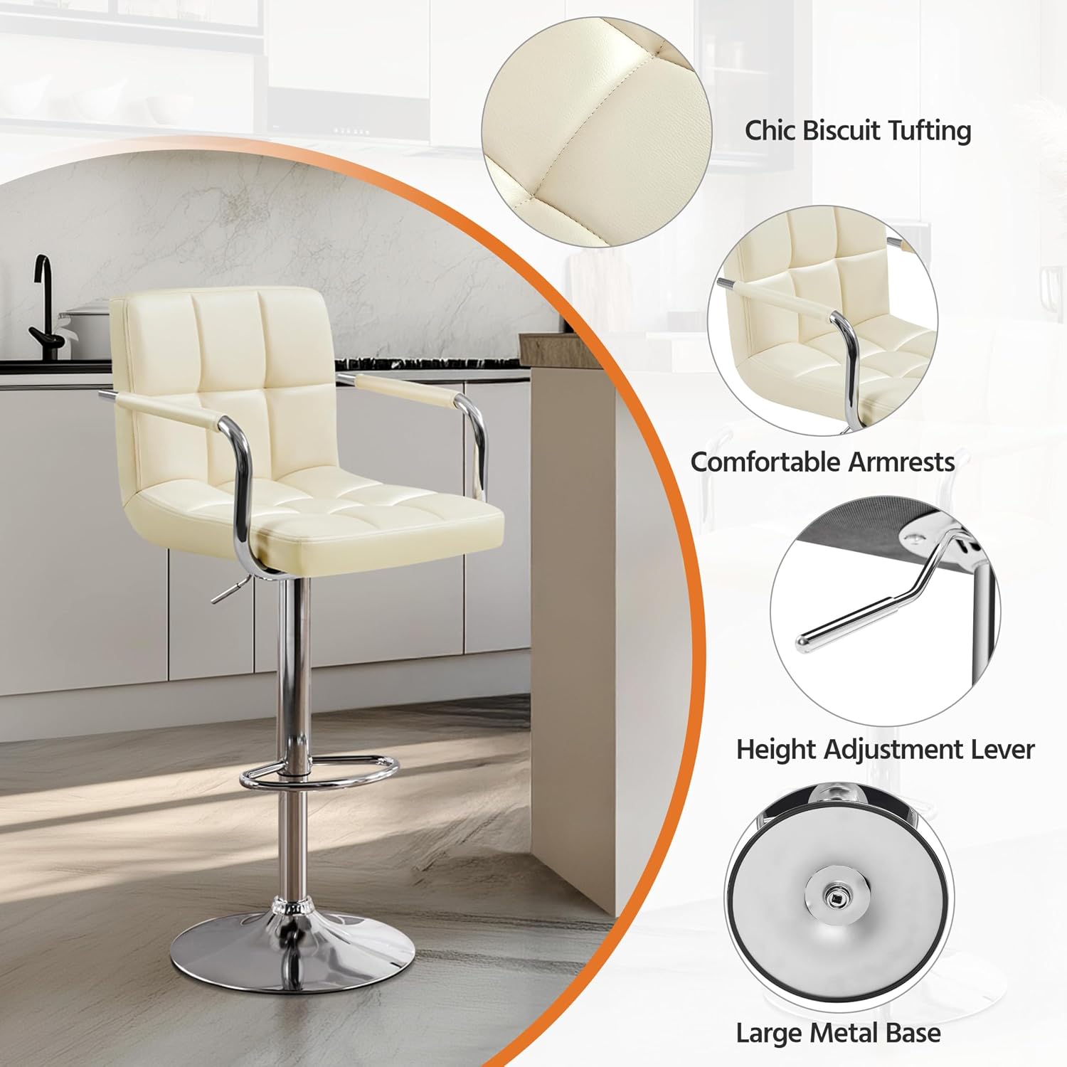 Yaheetech Bar Stools Set of 2, Swivel with Backs, Adjustable Height, White | 360° Swivel Barstools Feature Padded PU Leather Seats, Supportive Backs, 300 lb Capacity for Kitchen Islands