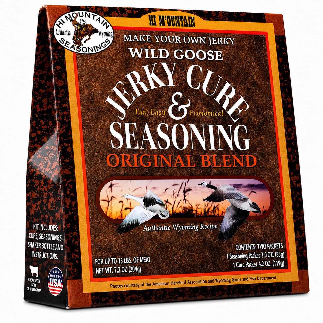 Hi Mountain Goose Jerky Seasoning & Cure Kit | MEQUITE | Makes 15 lbs | Make homemade goose, duck & waterfowl jerky with bold mesquite smoke flavor for smoker, dehydrator & oven