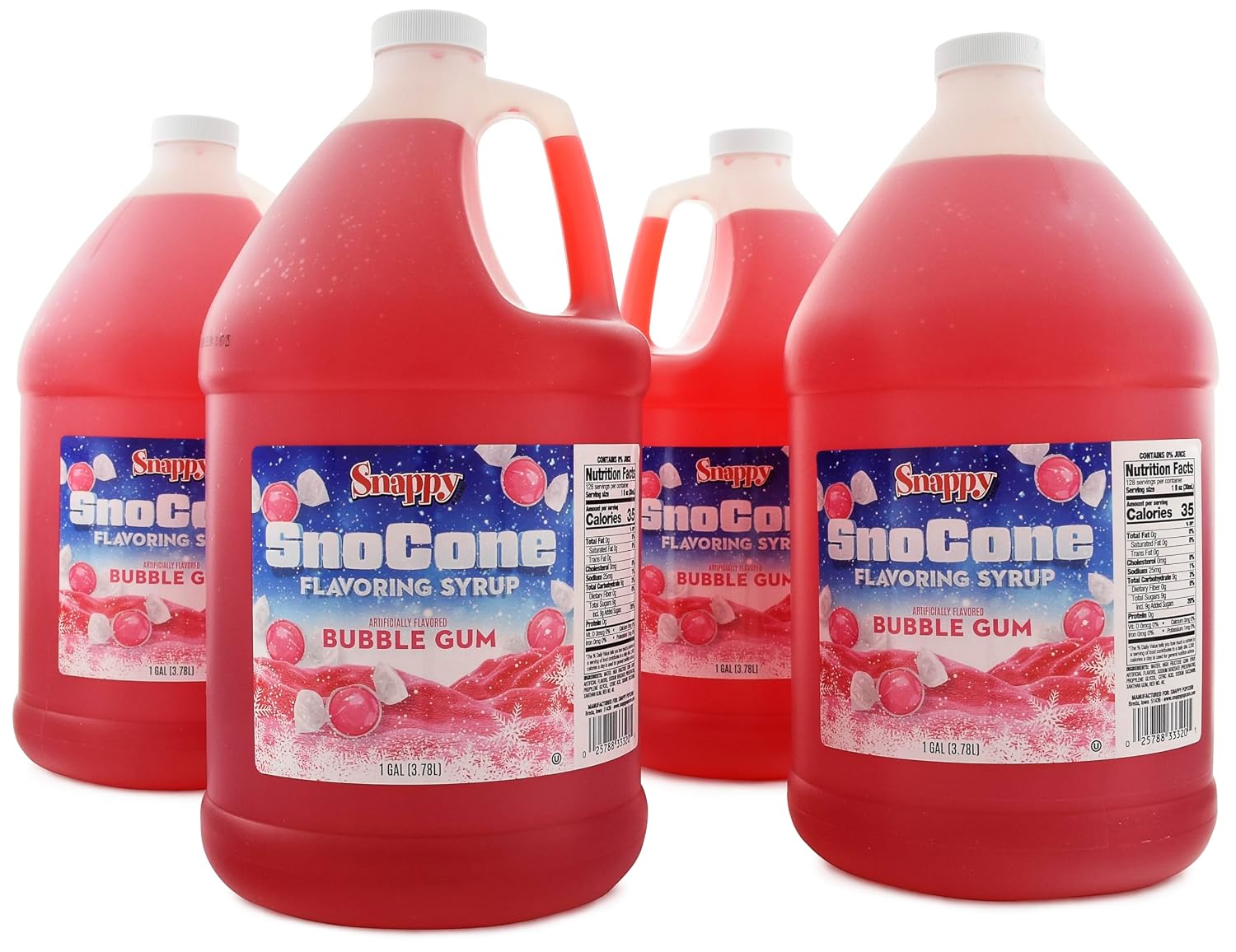 Snappy Bubble Gum Sno Cone Syrup, 1 Gallon 4 Pack, Ready to Use for Snow Cone Machines and Shaved Ice