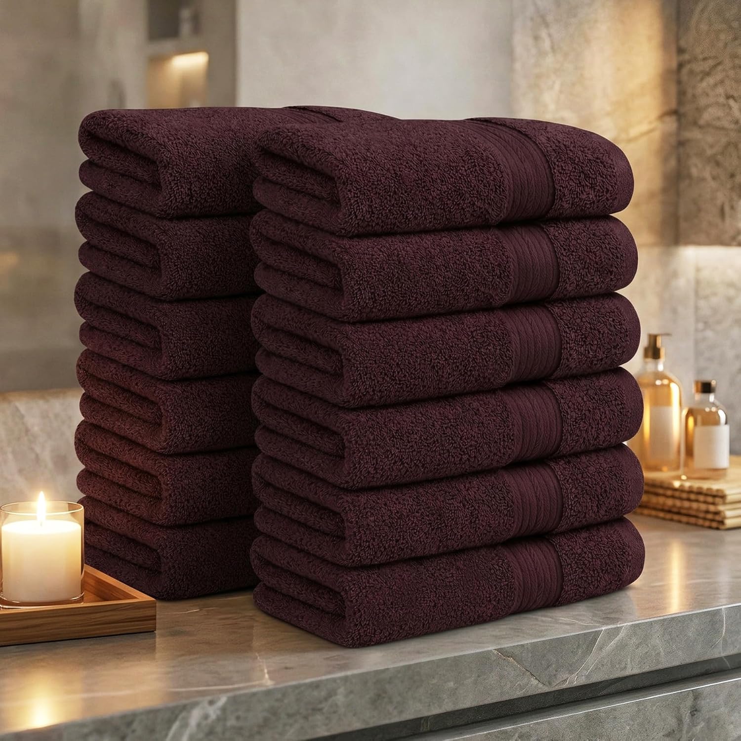 Ample Decor 100% Cotton Hand Towels 18x28 Inches, 600 GSM, Soft & Absorbent, Set of 12, Purple