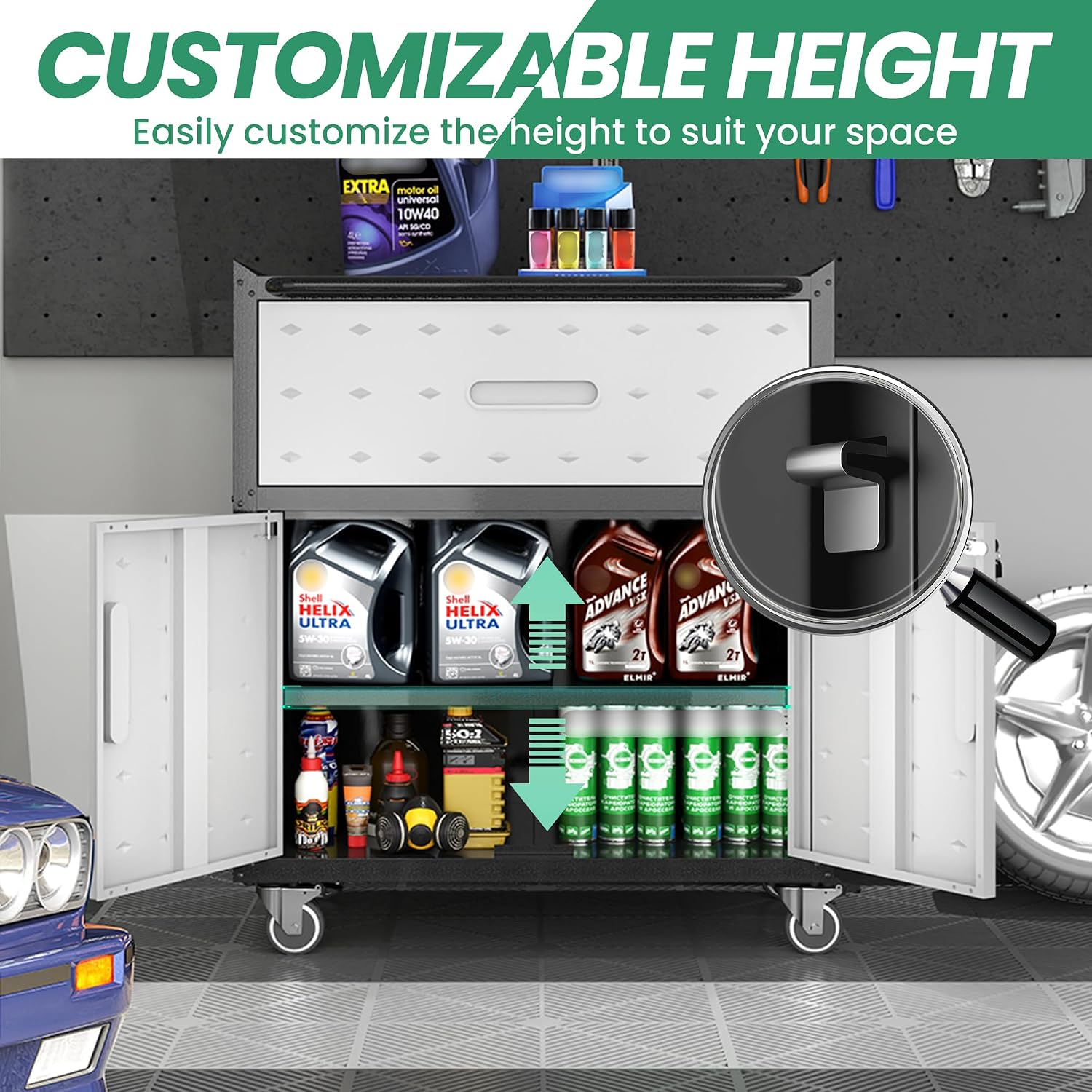 Garage Cabinets,Metal Garage Storage Cabinet with Wheels,Black Lockable Rolling Tool Cabinet with Drawer and Adjustable Shelves,Heavy Duty Tool Chest for Home Office Utility Room
