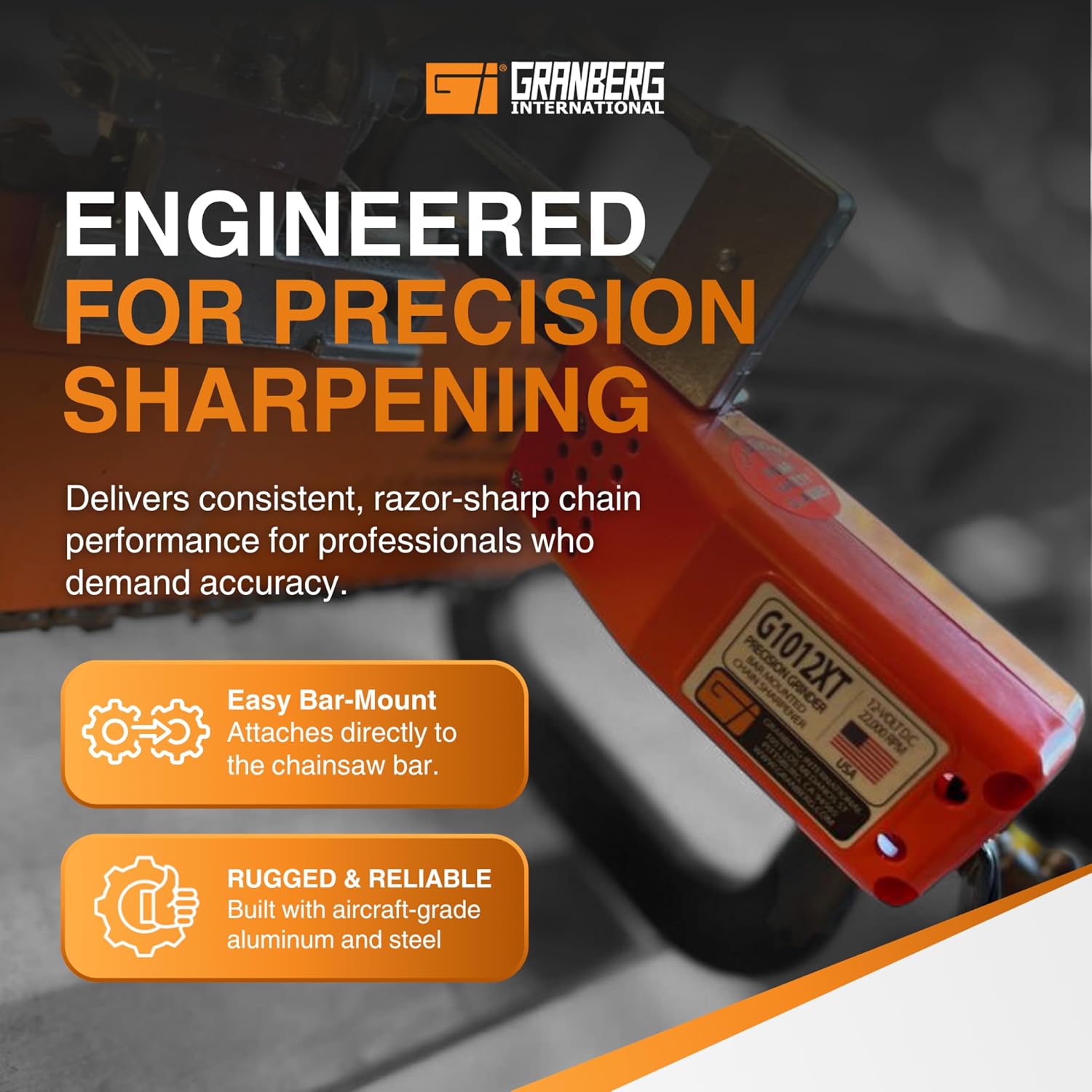 Granberg G1012XT 12V Bar-Mounted Chainsaw Sharpener, Standard Chain Pitches | 24, 000 RPM Motor Sharpens Crosscut, Ripping and Skip Tooth Chains
