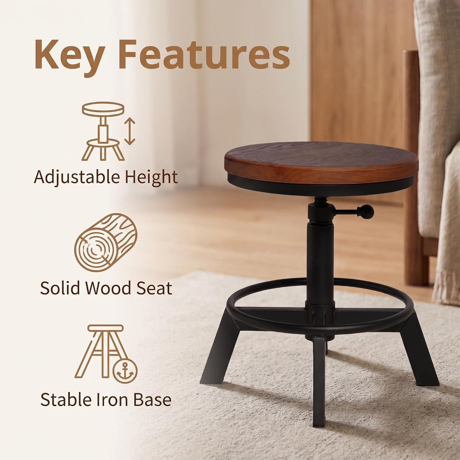 Set of 2 Industrial Bar Stools Short Stool Swivel Wooden Seat Kitchen Island Chairs Counter Height Adjustable 15.2-21inch