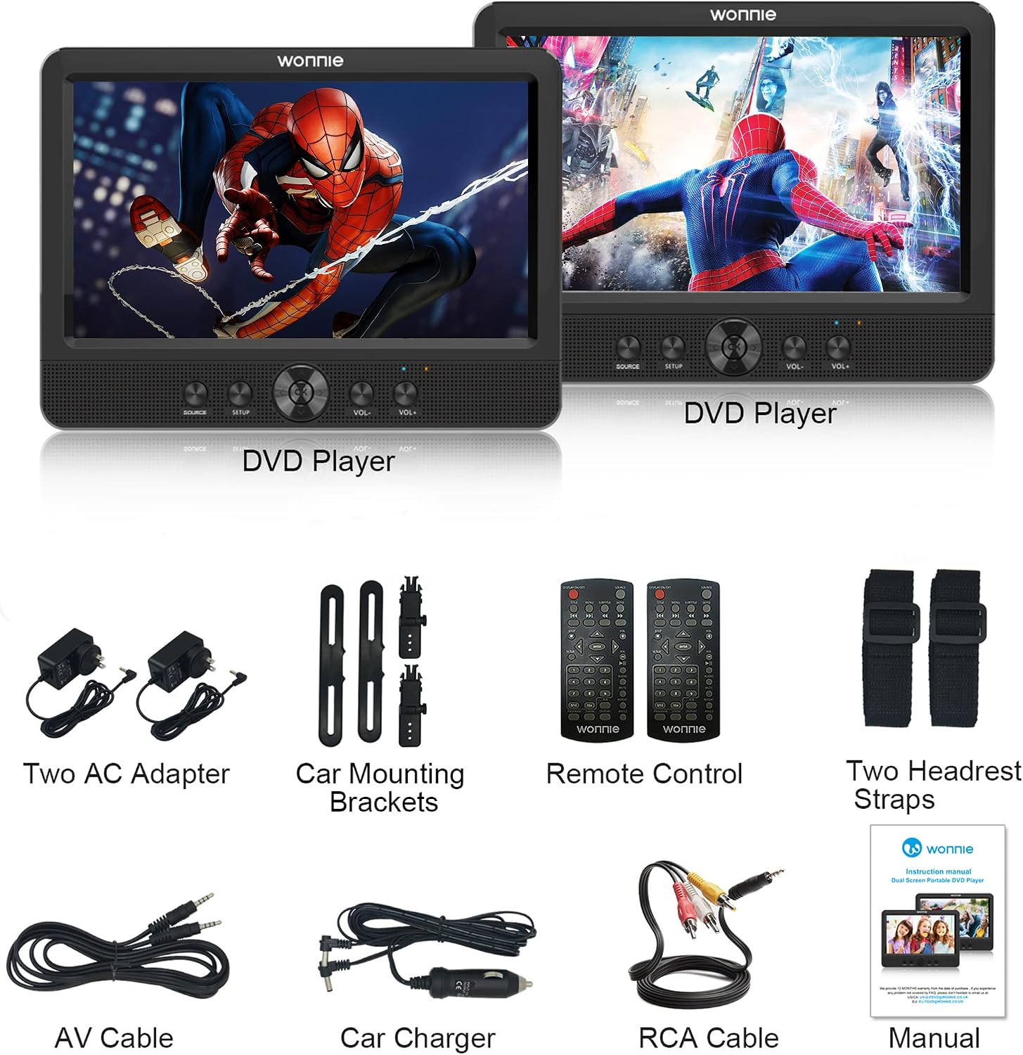 WONNIE 10.5" Two Car DVD Players Portable Dual Screen Headrest Video Player, Play a Same or Two Different Movies with 5-Hour Rechargeable Battery