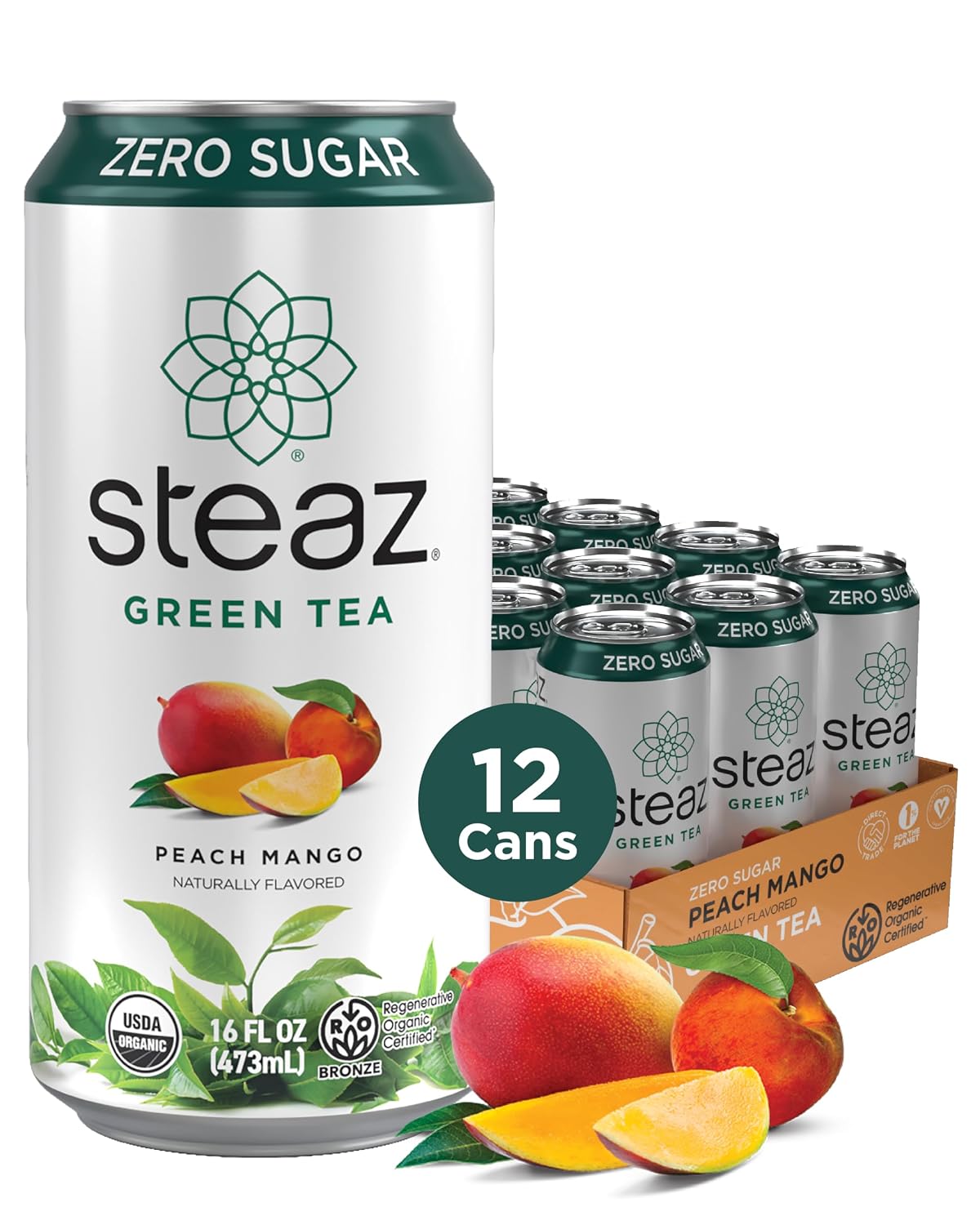 Steaz - Organic Green Tea - Peach (12 Pack) - 30mg Natural Caffeine, 70 Calories,Cane Sugar - Sweetened Iced Tea - Regenerative Organic Certified®️ - Vegan, Direct Trade - 12 Cans, 16 fl oz