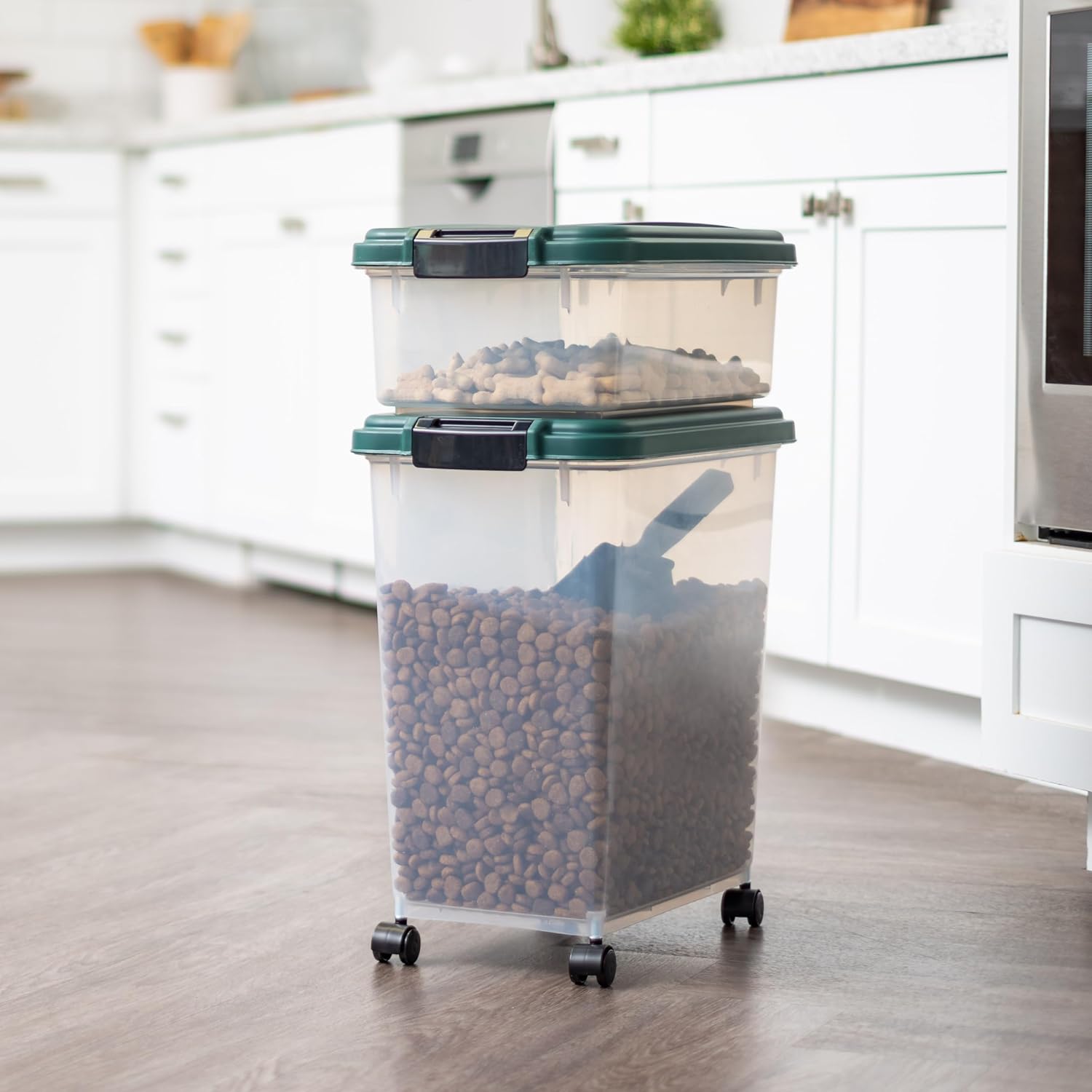 IRIS USA Airtight Pet Food Container, Up to 30 lbs & 11 lbs, Green | Airtight Seal, BPA-Free, 2-Cup Scoop, Stackable Design, Rolling Wheels, Dual Storage