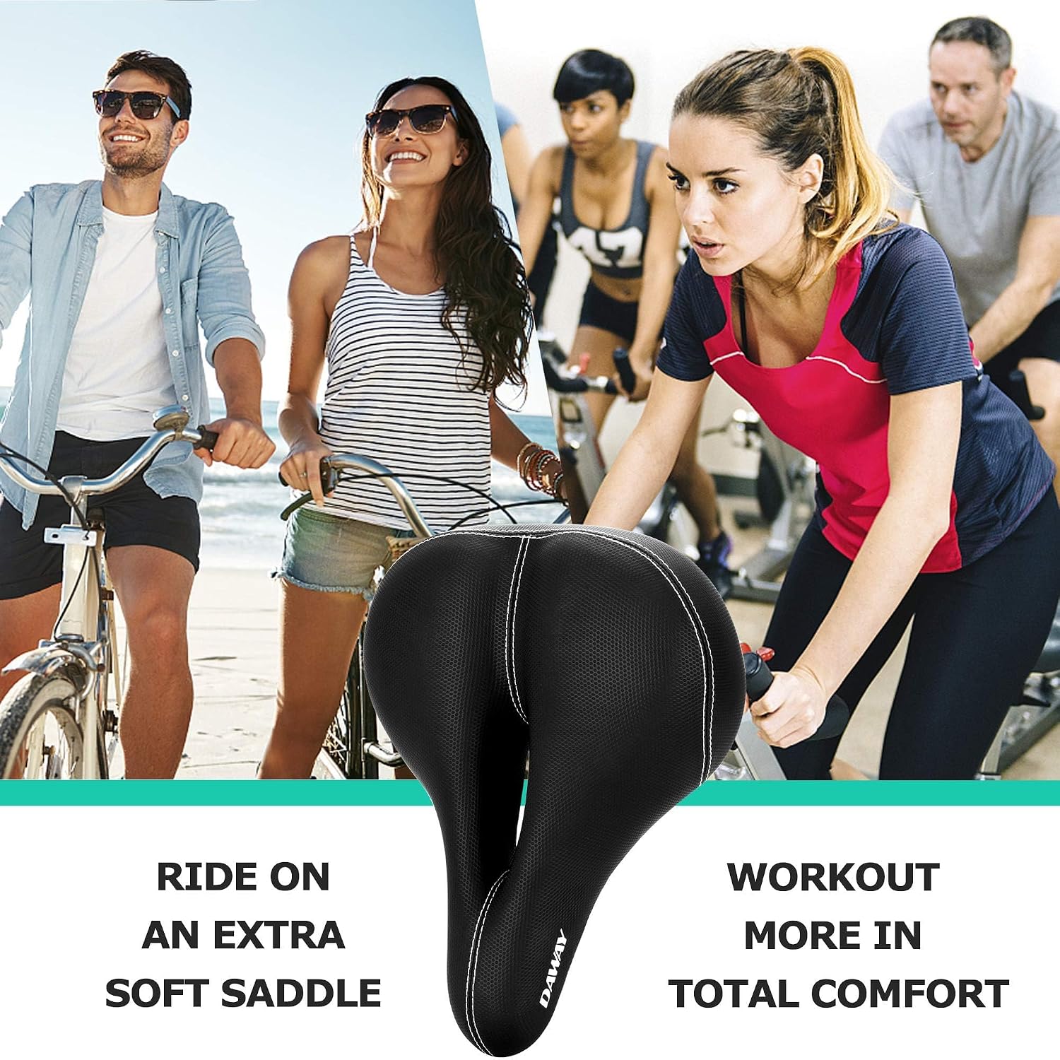 DAWAY Comfortable Men Women Bike Seat - Soft Memory Foam Padded Bicycle Seat, Bike Saddle Replacement with Wide Cushion for Peloton, Mountain & Exercise Bikes, Shock Absorbing, Waterproof, Universal