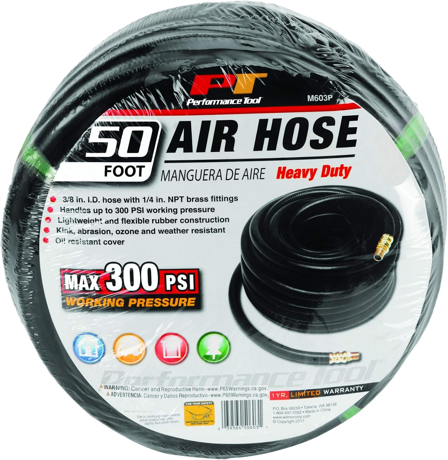 Performance Tool M603P 3/8 in. x 50 ft. Rubber Air Compressor Hose | 1/4-inch NPT fittings. Handles up to 300 PSI. Flexible, lightweight shop air hose is kink and weather resistant