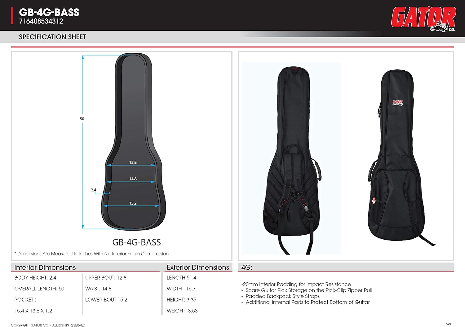 Gator Cases 4G-MiZone Series Gig Bag For Electric Guitars with Adjustable Backpack Straps, Fits Jazzmaster Style Guitars (GB-4G-JMASTER)