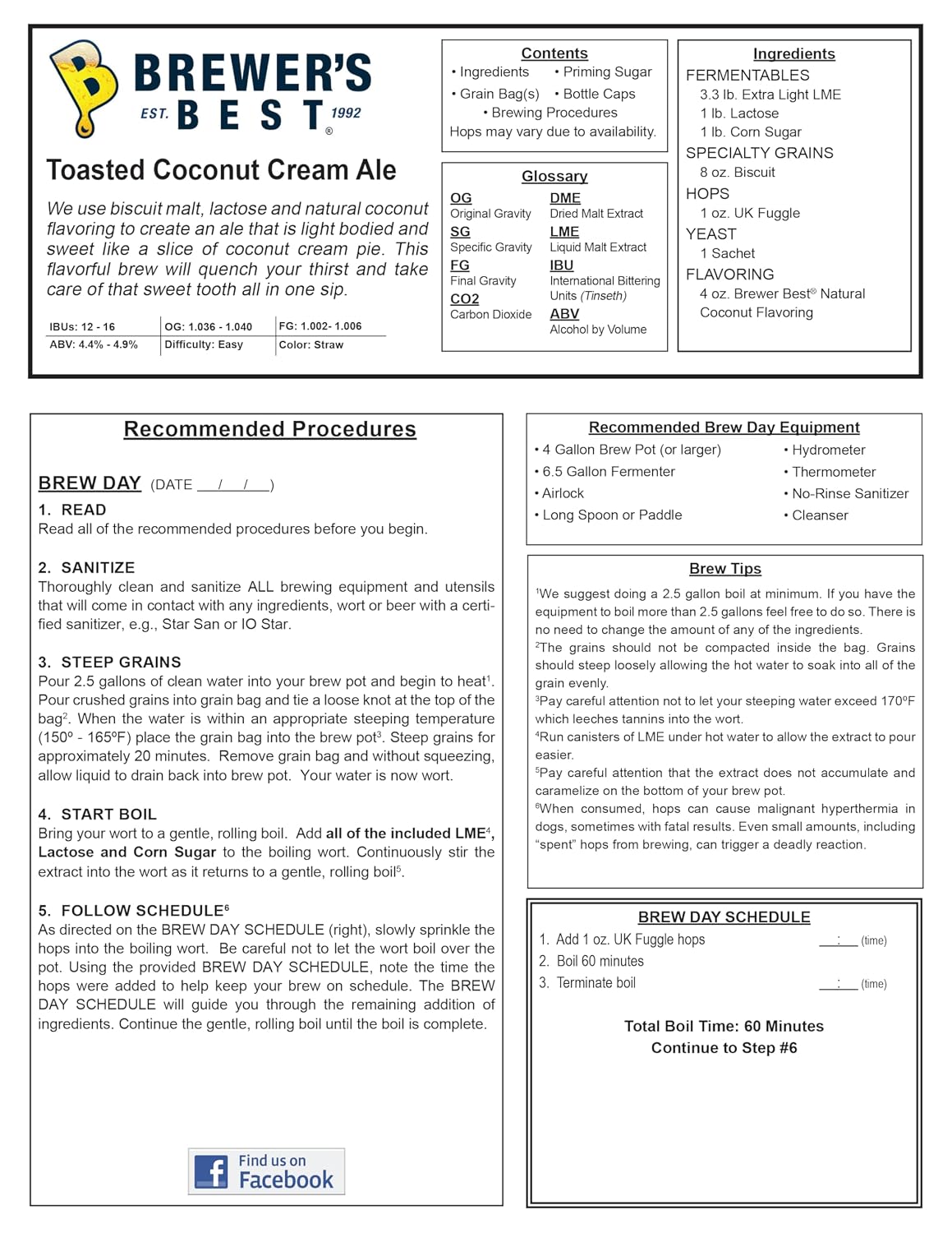 Brewer's Best Home Brew Beer Ingredient Kit -5 Gallon(Toasted Coconut Cream Ale)