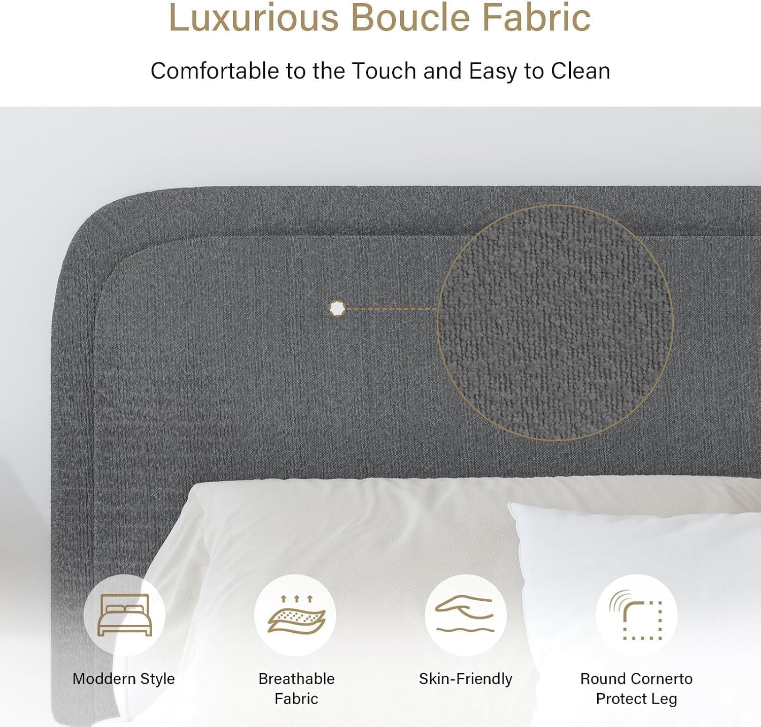 BarnFurin Full Bed Frame, Cloud Boucle Headboard, Rounded Corners, White | Soft boucle and rounded edges create a low-profile cloud look. Wooden slats support the mattress without a box spring