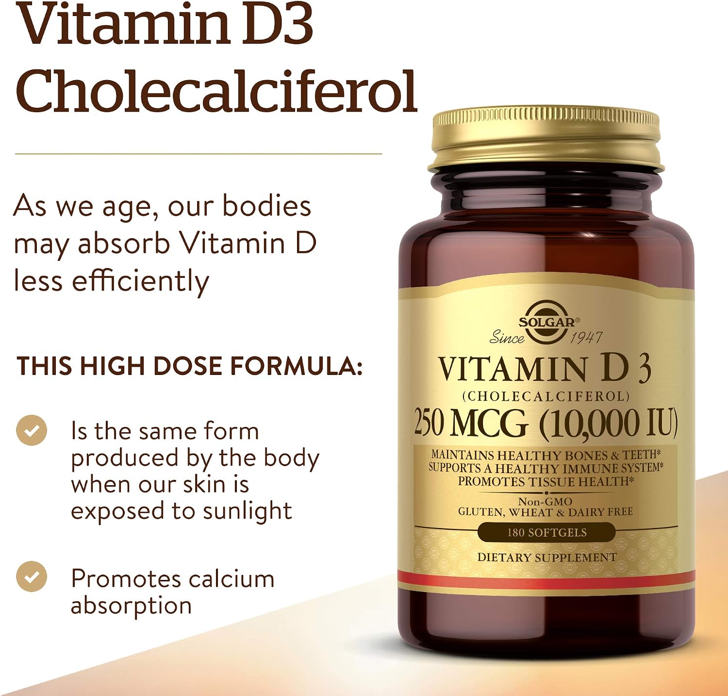 Solgar Vitamin D3 (Cholecalciferol) 250 MCG (10,000 IU), 120 Softgels - Helps Maintain Healthy Bones & Teeth - Immune System Support - Non GMO, Gluten/ Dairy Free - 120 Servings