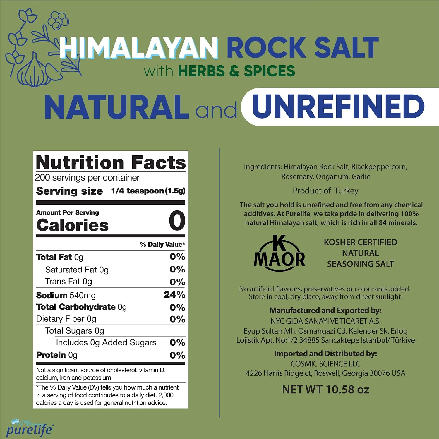 Purelife Himalayan Rock Salt with Mixed Herbs & Spices – Gourmet Kosher Natural Crystal Blend with Minerals in Glass Bottle with Ceramic Mill