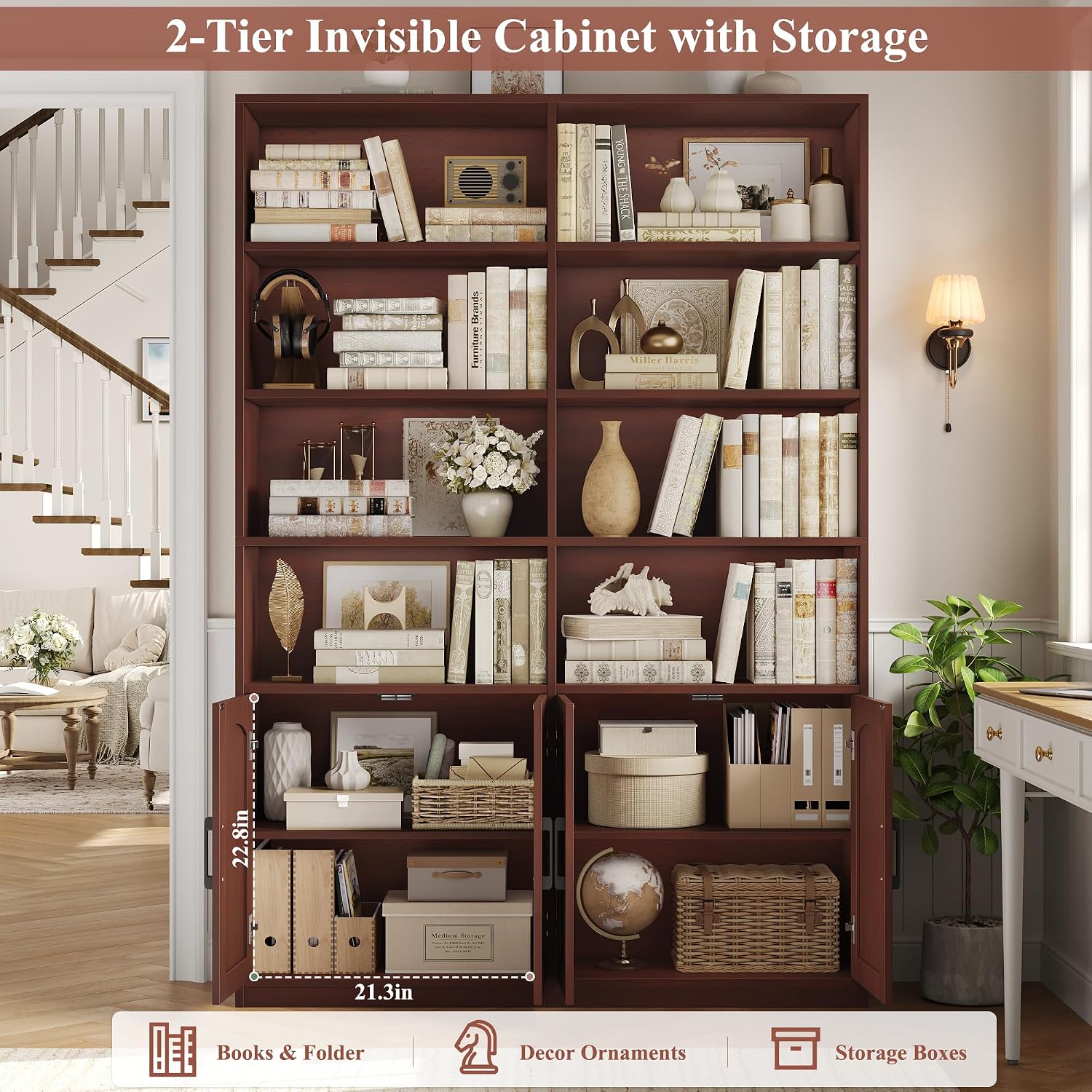 Bookshelf and Bookcase with Doors, Double Wide Large Bookshelves | Industrial Open Display Shelves 6 Tier, 73'' Tall Bookshelf with Storage Cabinets for Office,Home, Living Room, Library,White