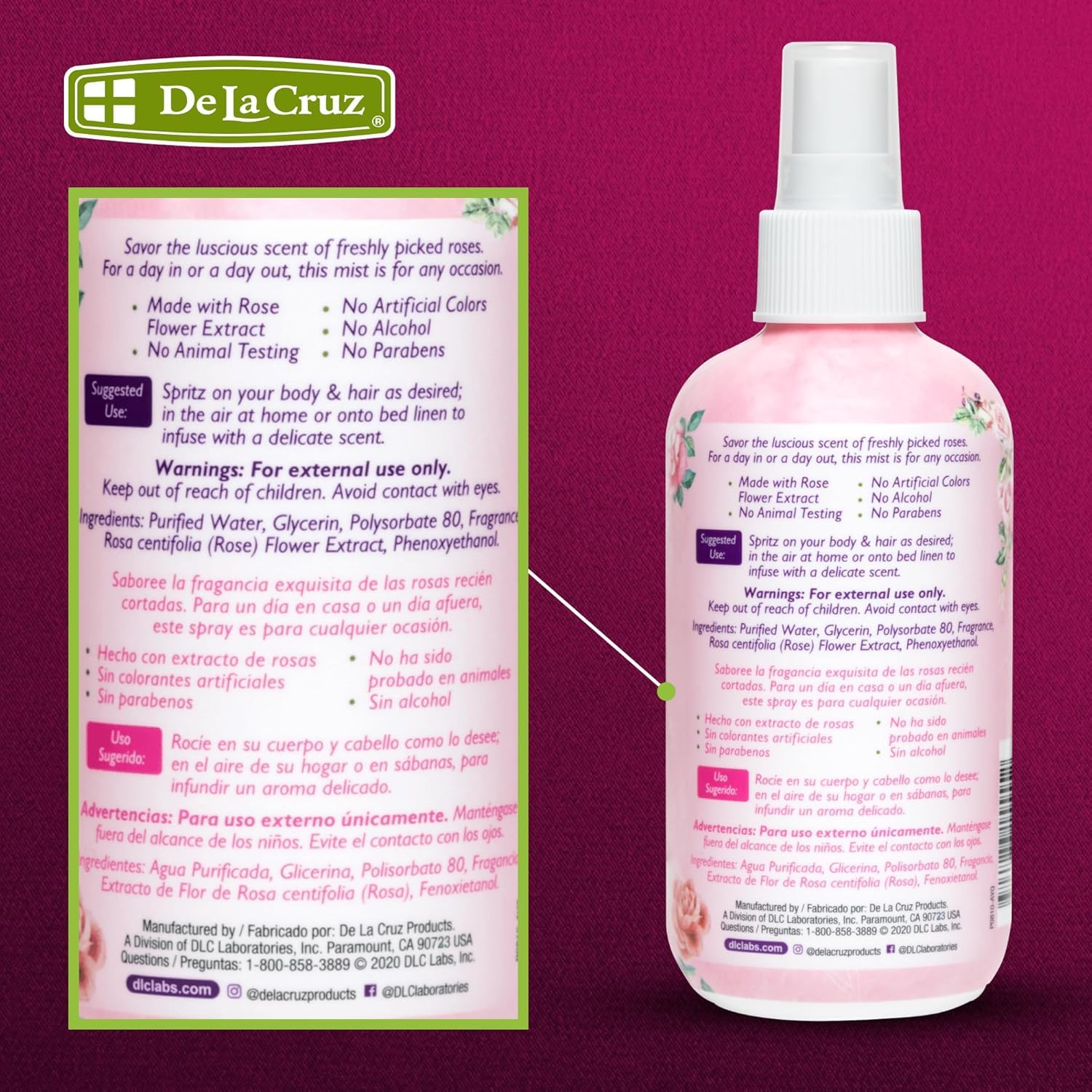 De La Cruz Rose Water Body & Hair Mist, 8 fl. oz Spray (236 mL) | Rose Water Spray, With Rose Flower Extract, Face, Hair & Body Mist, Home Mist, Alcohol Free, Refreshing & Soothing