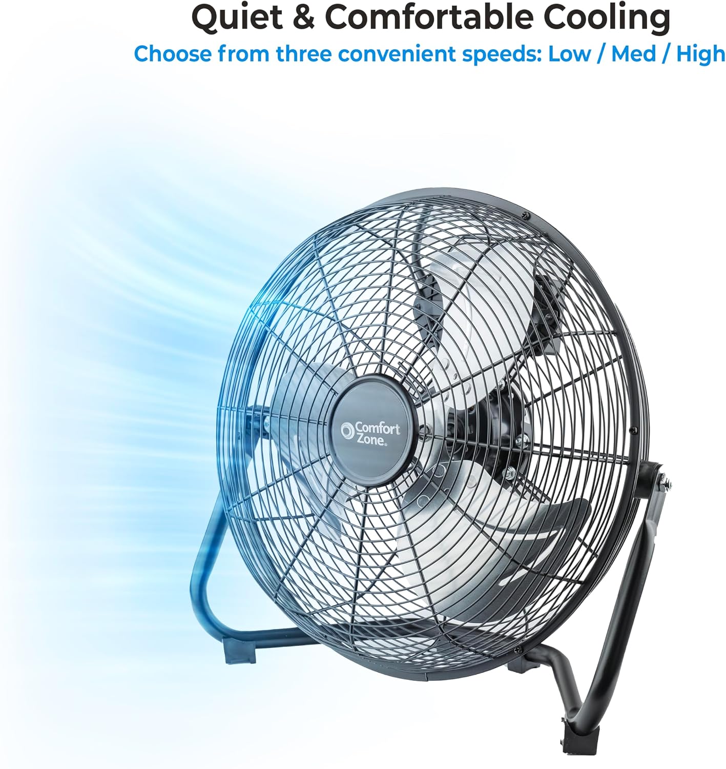 Comfort Zone 9 inch Cradle Fan, 3 Speed Floor or Table Fan with180 Degree Tilt, Metal Construction and Aluminum Blades, Carry Handle, Rubber Feet, Ideal for Bedroom, Workshop, or Garage, Black