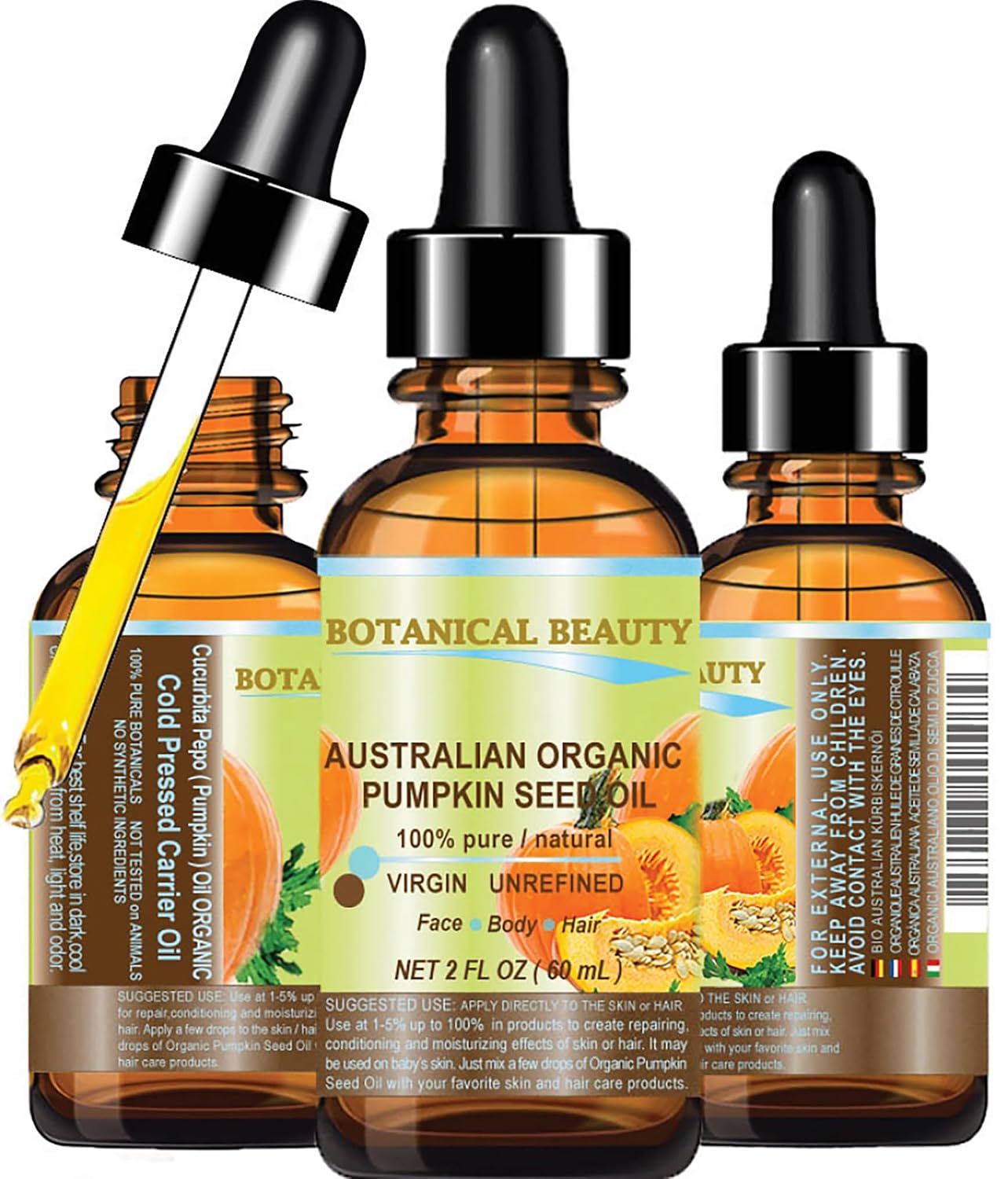 Botanical Beauty Australian ORGANIC PUMPKIN SEED OIL 100% Pure Natural Virgin Unrefined Cold Pressed Carrier Oil. 1 Fl.oz.- 30 ml. for Face, Skin, Hair, Lip, Nails