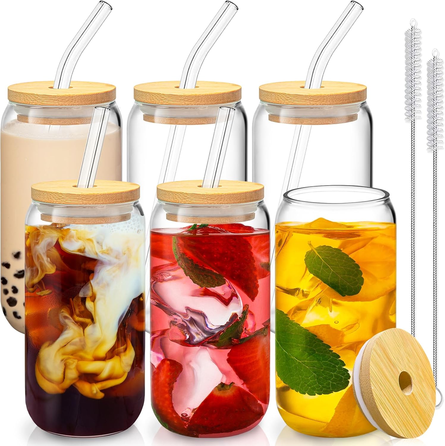 16 Oz Drinking Glasses - 6 Pcs Glass Cups with Bamboo Lids and Straws | Food-grade durable clear tumbler, Coffee bar accessories, Aesthetic gift