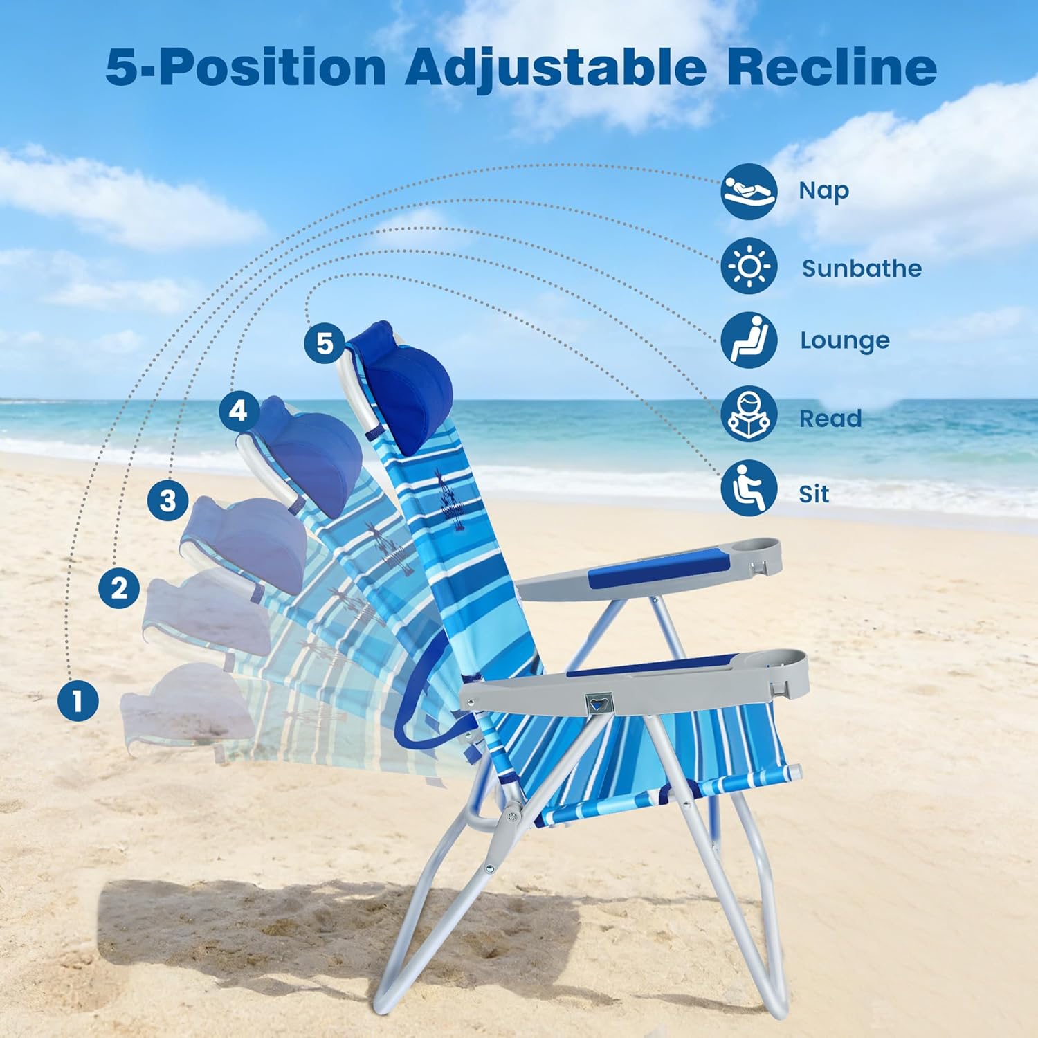 SUNNYFEEL Oversized Tall Folding Beach Chair Lightweight, 17" Portable Sand Chair for Adults Heavy Duty 500 LBS with Cup Holders