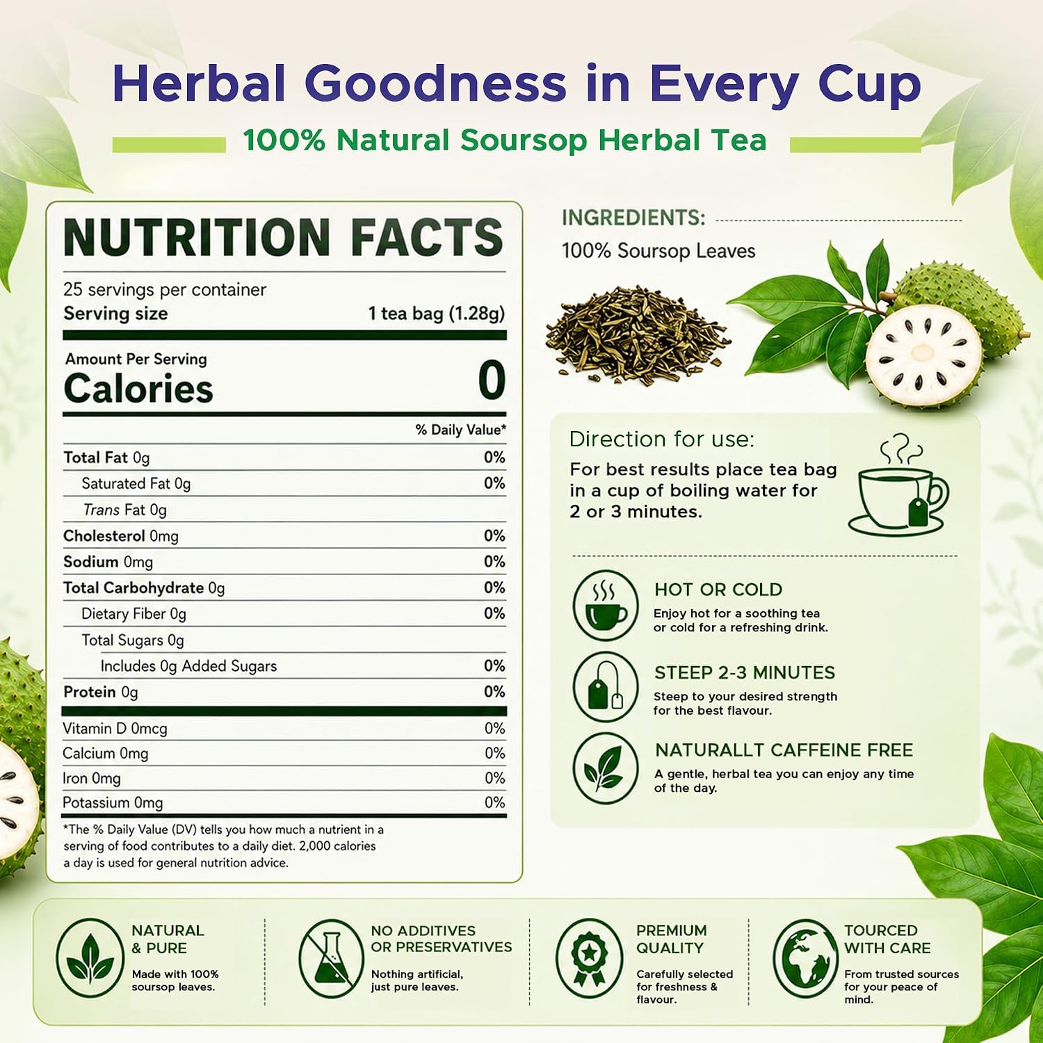 Jans Soursop Tea Bags 25 Count | 100% Natural Soursop Leaves | Caffeine Free Sour Sop Tea | Vegan Herbal Tea | Individually Wrapped Tea Bags | Cholesterol Free Sugar Free Relaxation Beverage