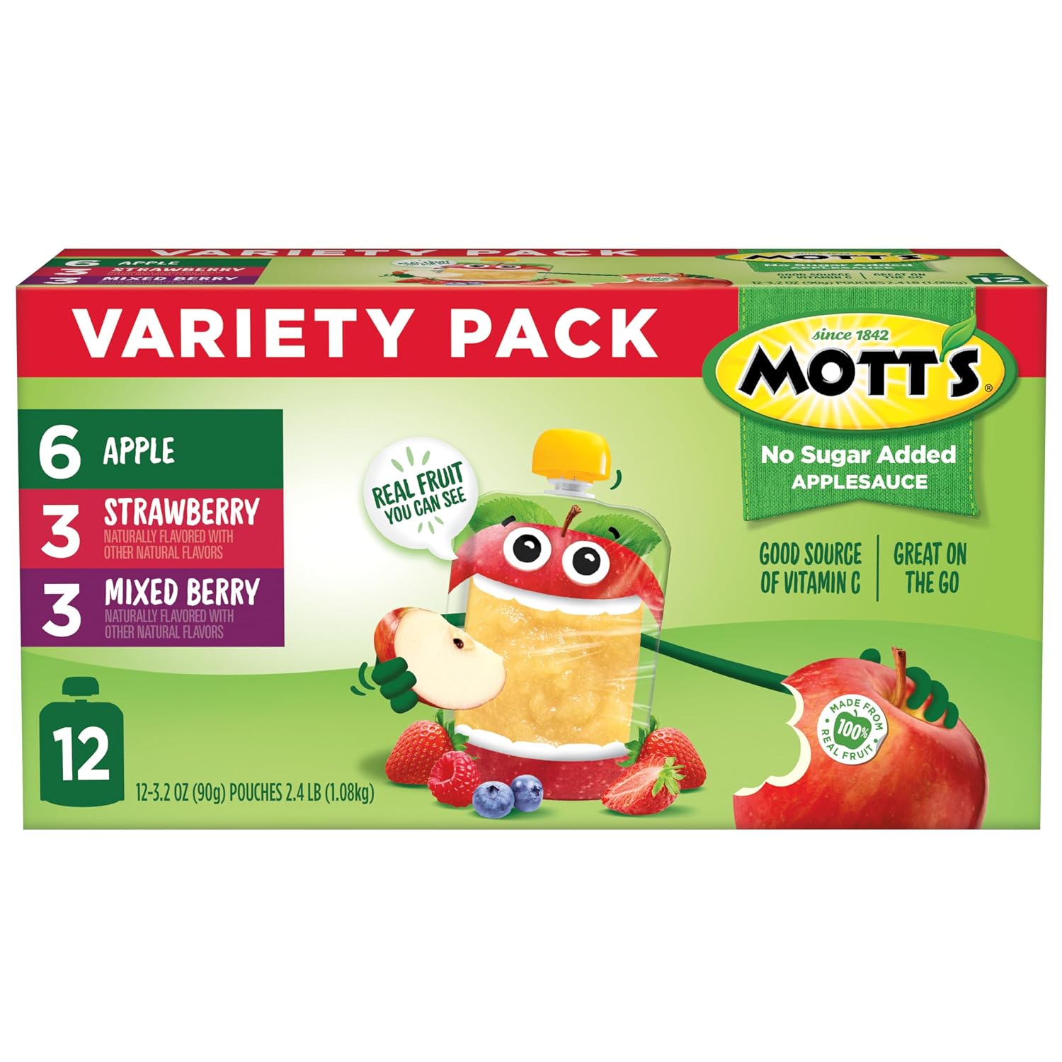 Mott's No Sugar Added Strawberry Applesauce, 3.2 Oz Clear Pouches, 48 Count (4 Packs Of 12), Good Source Of Vitamin C, No Artificial Flavors