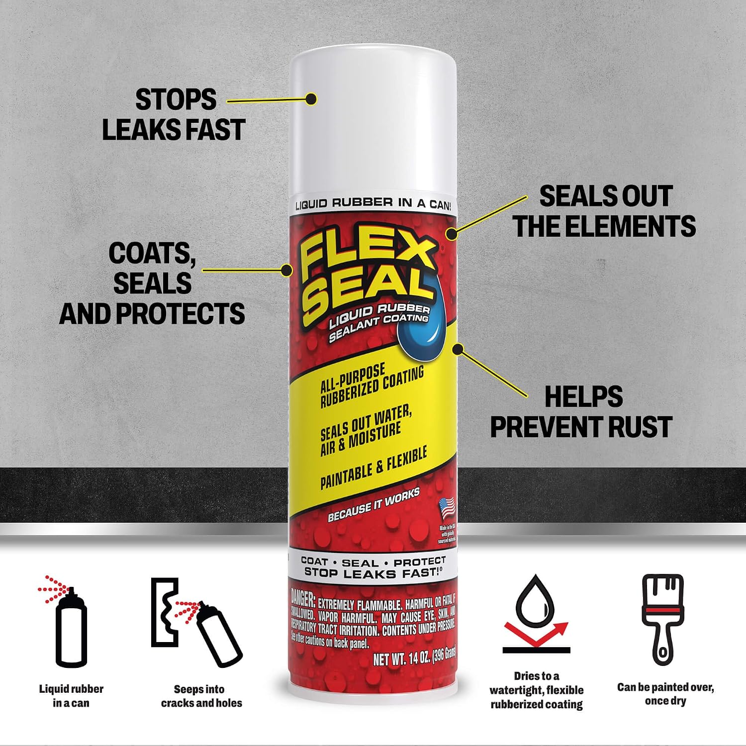 Flex Seal, 14 oz, 2-Pack, Black, Stop Leaks Instantly, Waterproof Rubber Spray On Sealant Coating, Perfect for Gutters, Wood, RV, Campers, Roof Repair, Skylights, Windows, and More