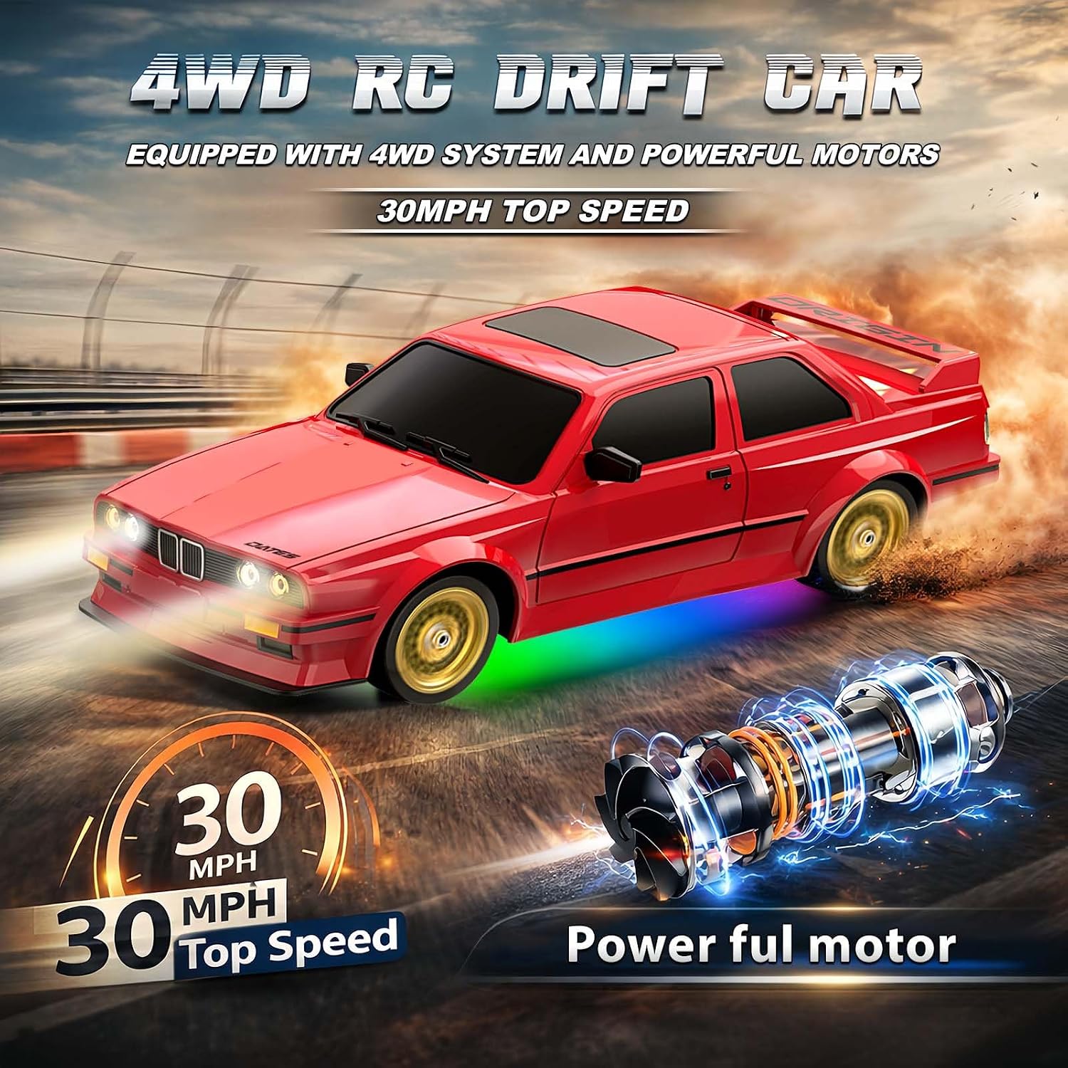 RC Drift Car 2.4GHz 1:16 Scale 4WD 30KM/H High Speed Remote Control Cars Vehicle with LED Lights Drifting Tires Racing Sport Toy Cars for Adults Boys Girls Kids Gift