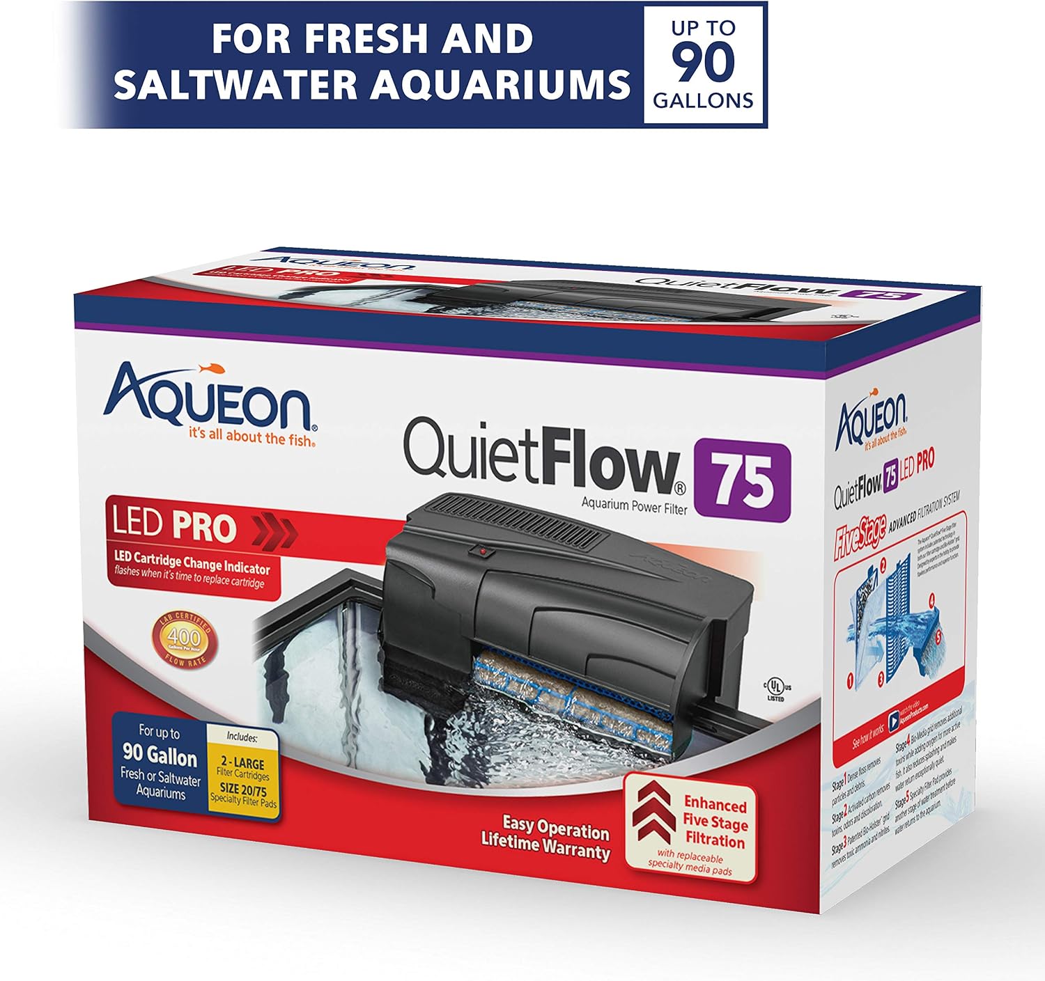 Aqueon QuietFlow 75 LED PRO Aquarium Fish Tank Power Filter For Up To 90 Gallon Aquariums | Aquarium Fish Tank