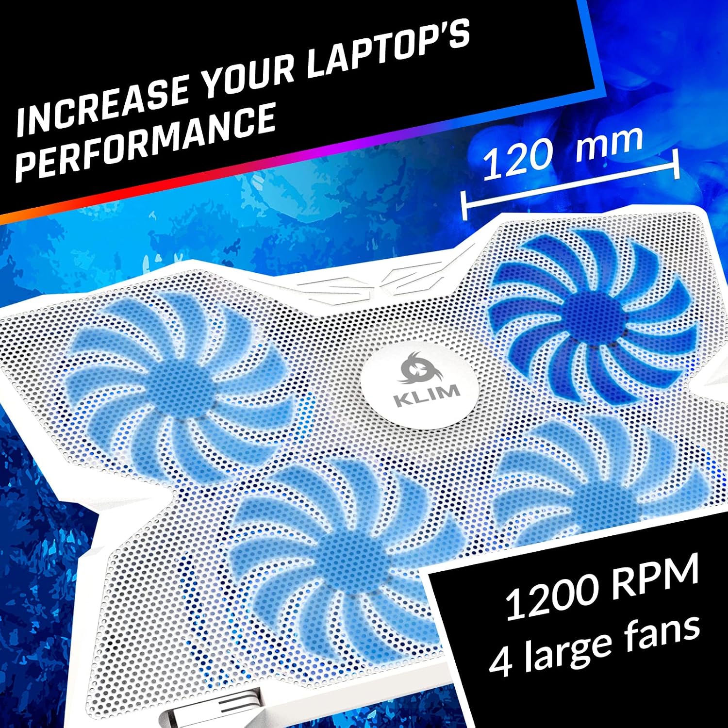KLIM Wind Laptop Cooling Pad - More Than 500 000 Units Sold - New Version - The Most Powerful Rapid Action Cooling Fan - Laptop Stand with 4 Cooling Fans at 1200 RPM - USB Fan - PS5 PS4 - Blue