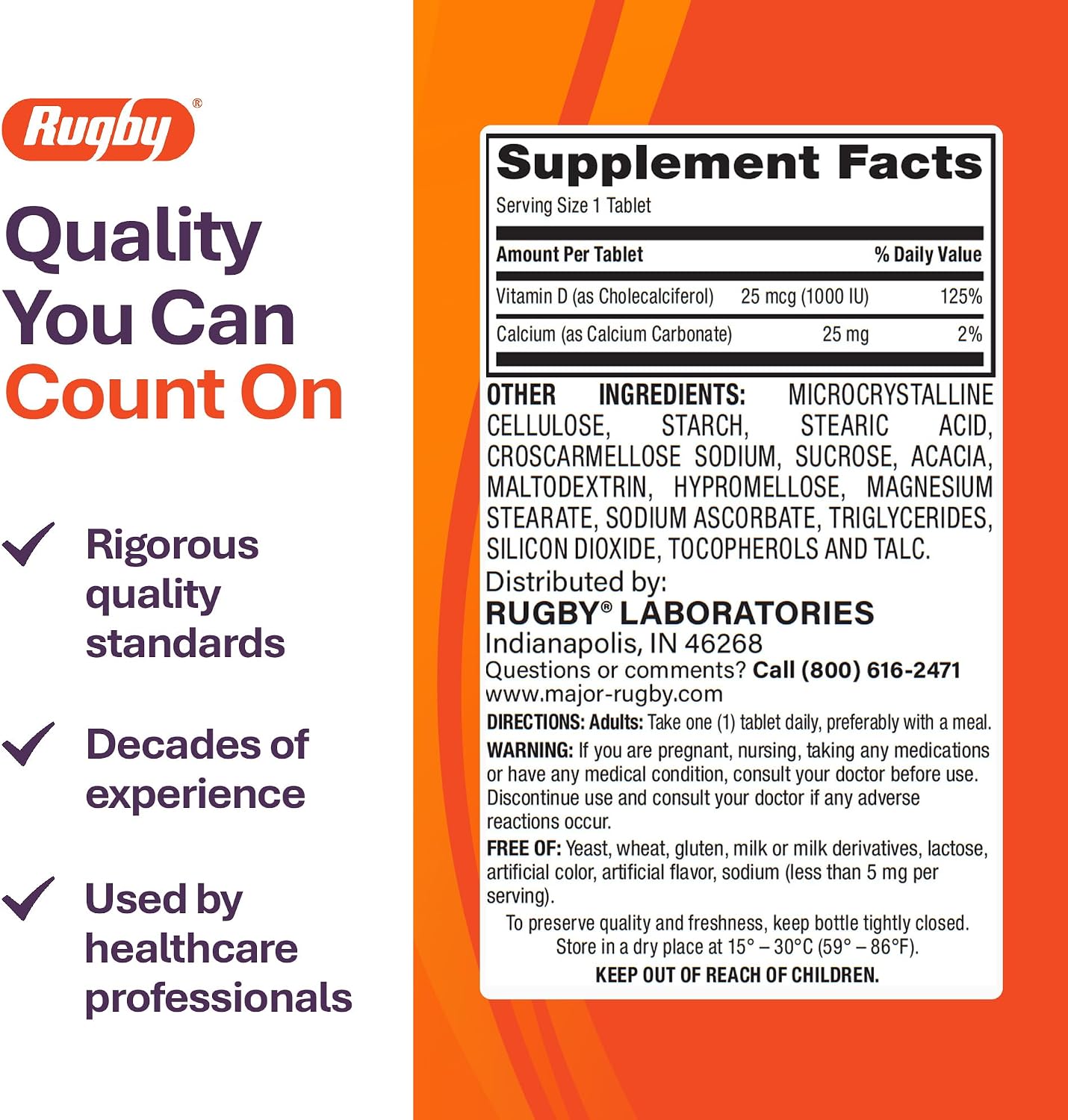 Rugby Vitamin D3, 25 mcg (1,000 IU) Dietary Supplement, 100 Count (1-Pack)