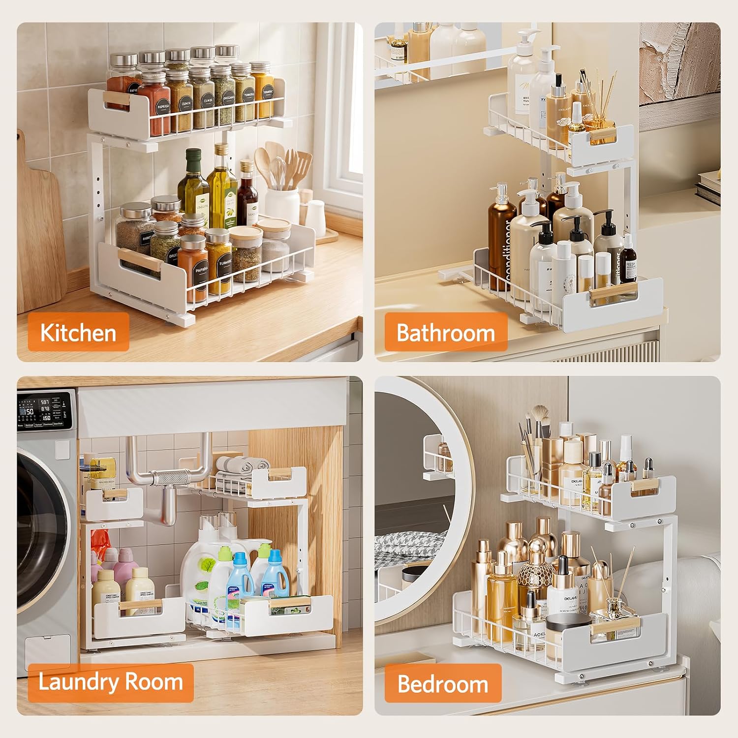 Delamu Under Sink Organizer Kitchen, 2-Tier Pull-Out Cabinet Shelf, 2-Pack | 2-Tier Smooth Slide, 5 Adjustable Heights, Anti-Tip Suction Cups