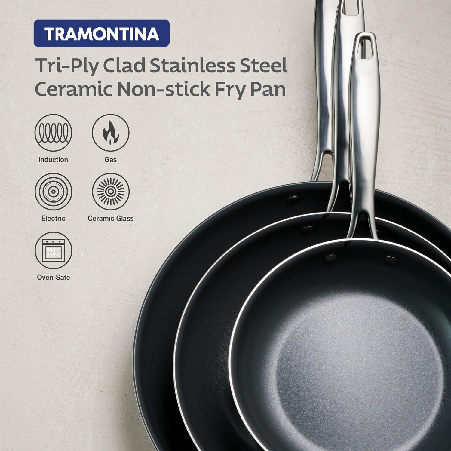 Tramontina Signature Tri-Ply Clad Stainless Steel 12-Inch Large Frying Pan | Induction-Ready Skillet, Dishwasher-Safe, NSF-Certified