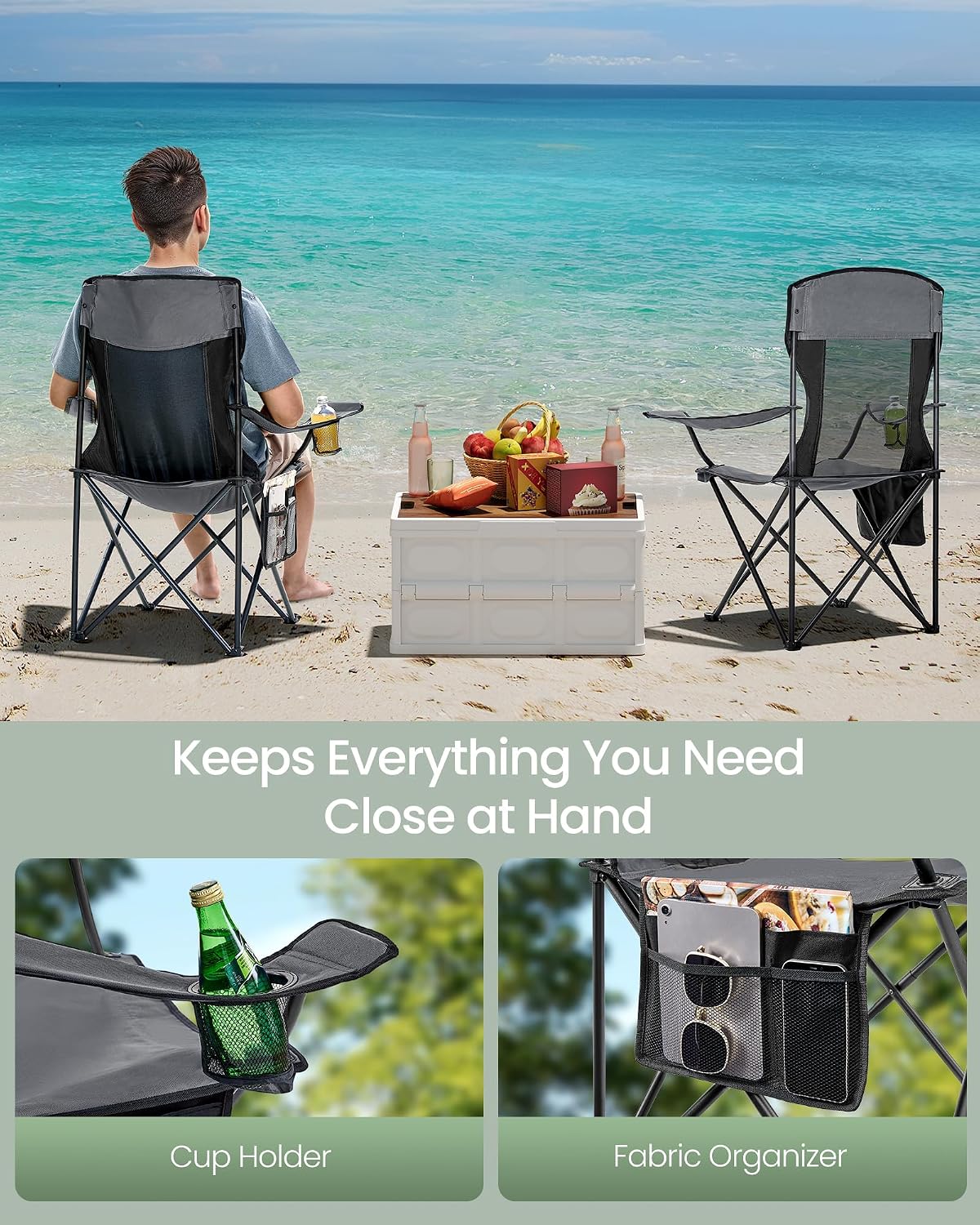 SONGMICS Camping Chair, Folding Oversized Chair, Comfortable and Heavy-Duty, 352 lb Weight Capacity, Adjustable Armrests with Cooler Bag, Storage Bag, Breathable Mesh, Bijou Blue UGCB060Q01